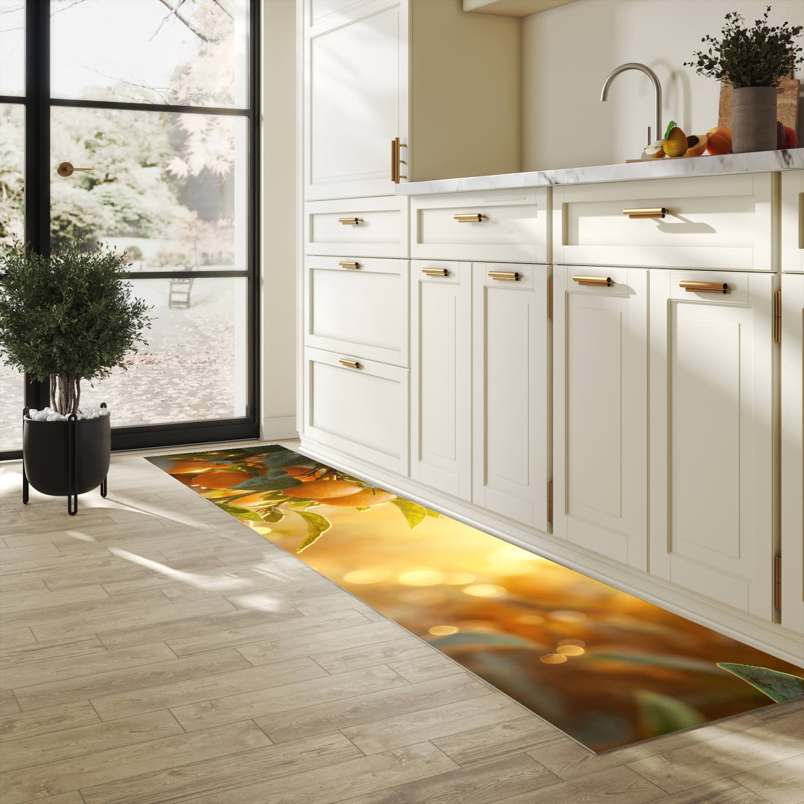 Langlebiger Teppich für Esstisch mit Motiv Sonnengeflutete Orangen in heller Küche, waschbar