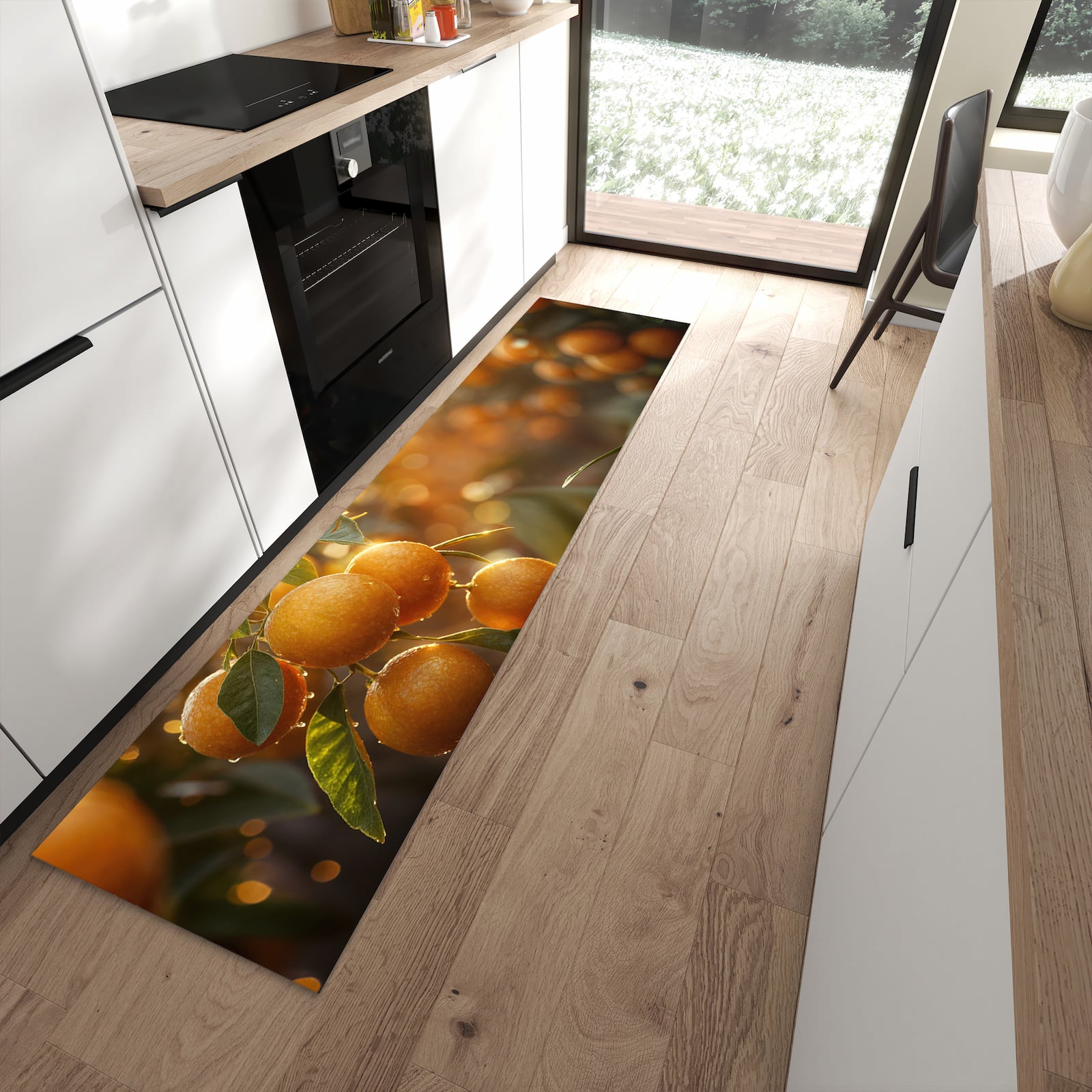 Komfortabler Küchenläufer mit Motiv Sonnengeflutete Orangen in moderner Küche
