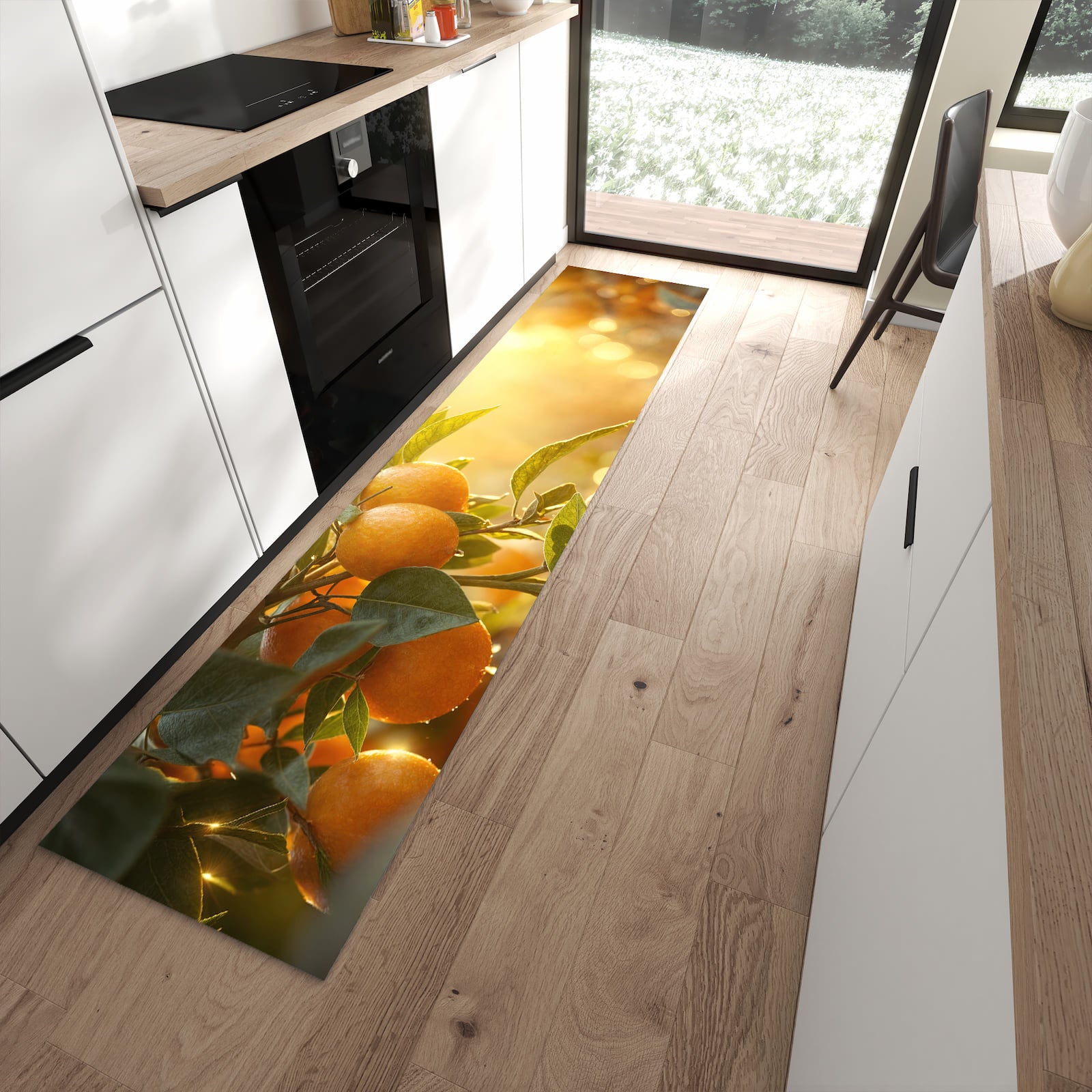 Wasserabweisender Küchenläufer mit Motiv Sonnengeflutete Orangen in moderner Küche