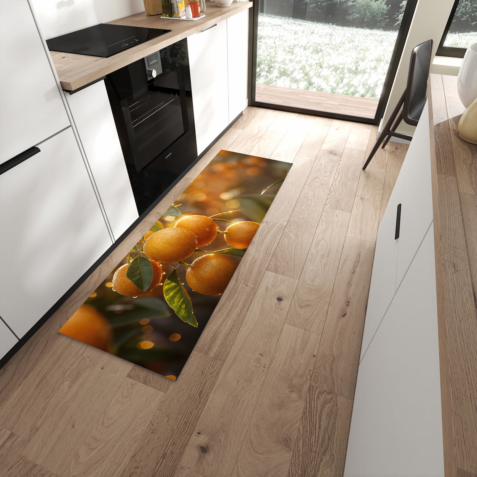 UV-beständiger Küchenläufer mit Motiv Sonnengeflutete Orangen in moderner Küche - waschbar