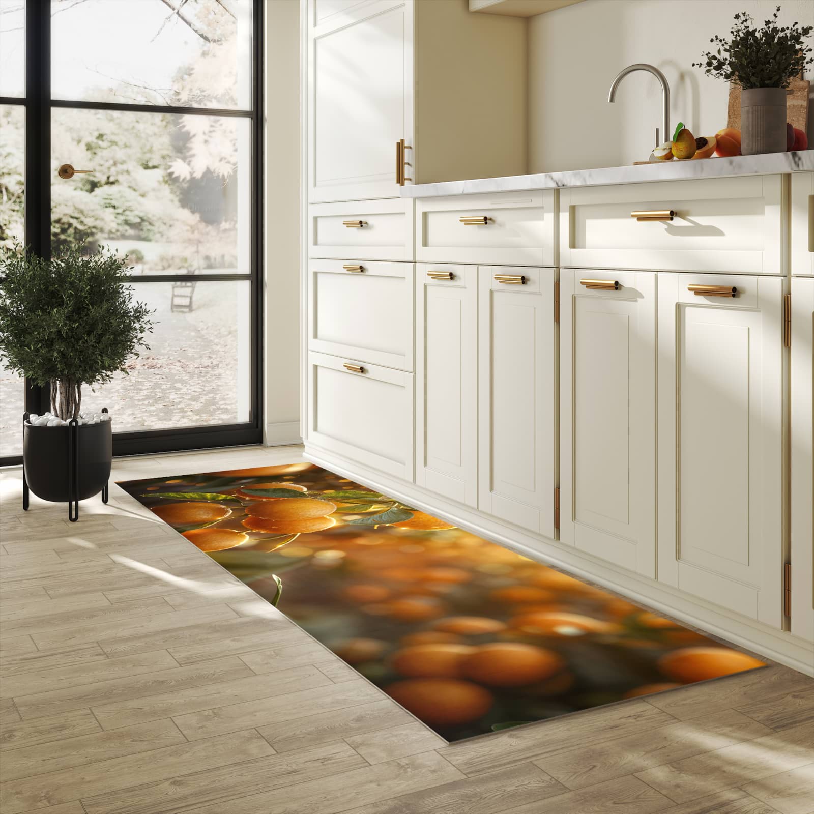 Bodenschonender Bodenläufer-Teppich mit Motiv Sonnengeflutete Orangen in heller Küche
