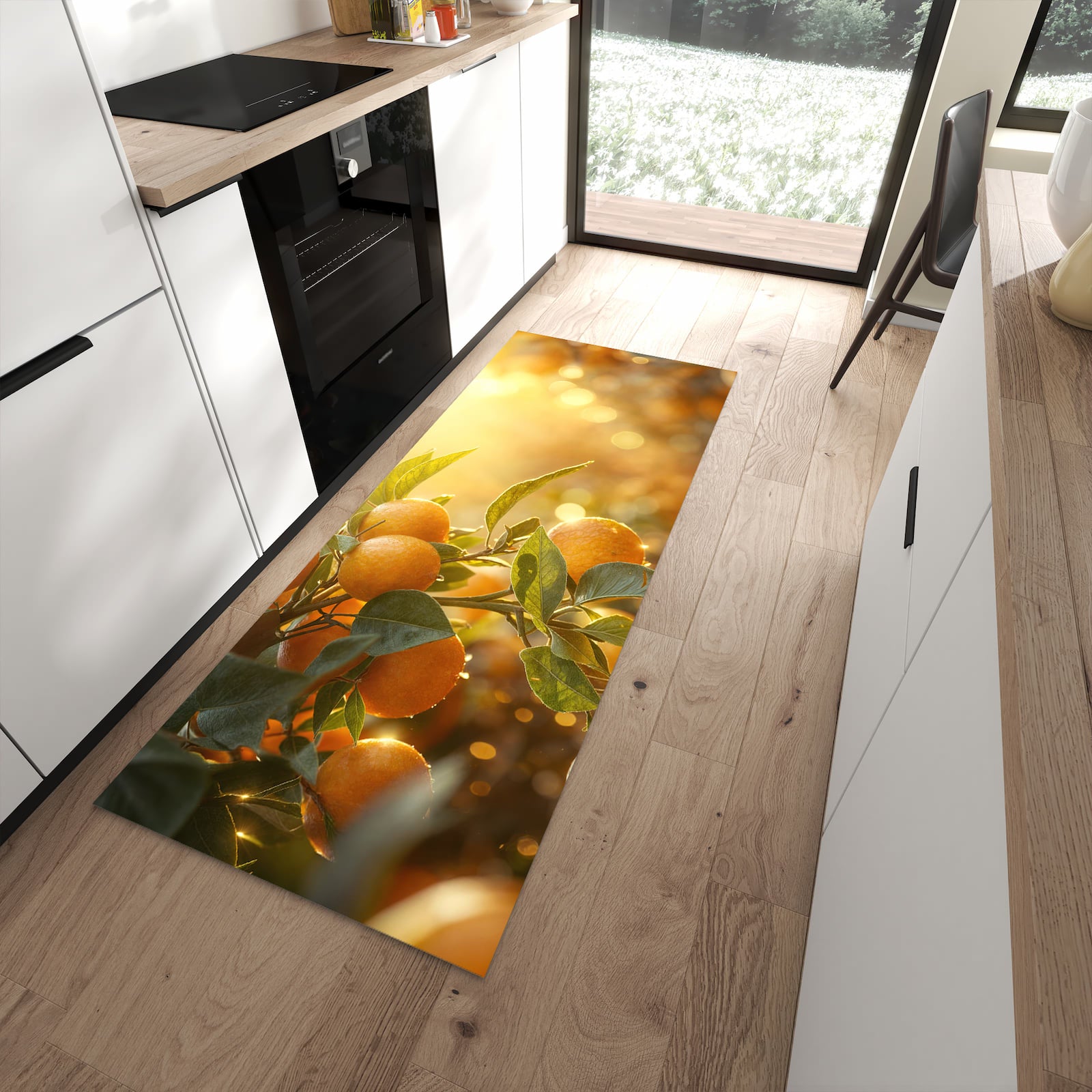 Geruchsneutraler Küchenteppich mit Motiv Sonnengeflutete Orangen in moderner Küche