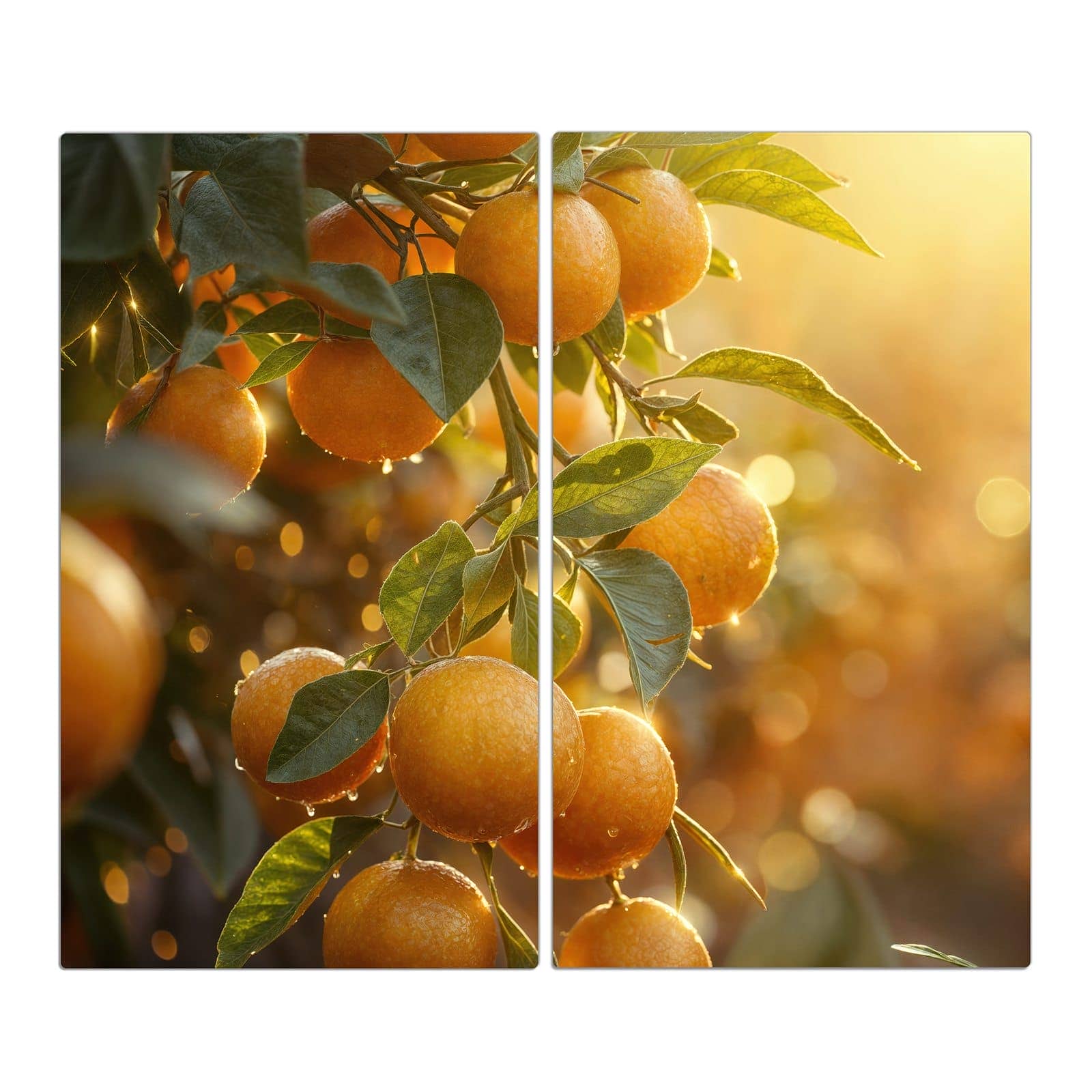 2-teilige Herdabdeckplatte mit Sonnengeflutete Orangen-Motiv in der Frontansicht