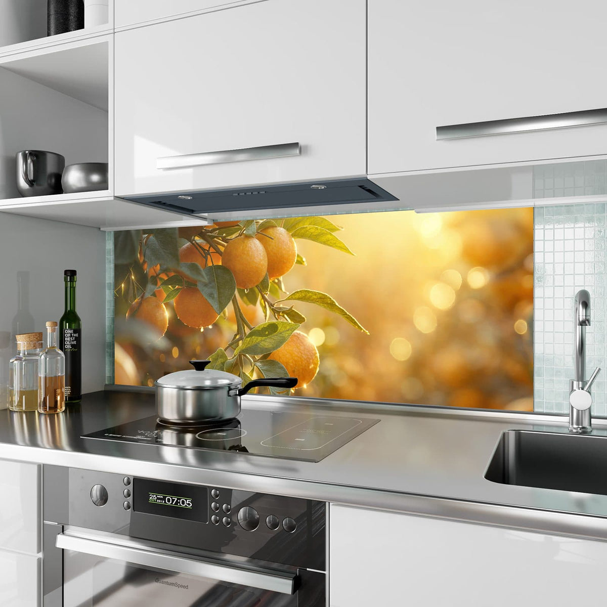 Küchenrückwand aus Glas Sonnengeflutete Orangen im Hochformat als Spritzschutz hinter dem Kochfeld, über dem Fliesenspiegel montiert