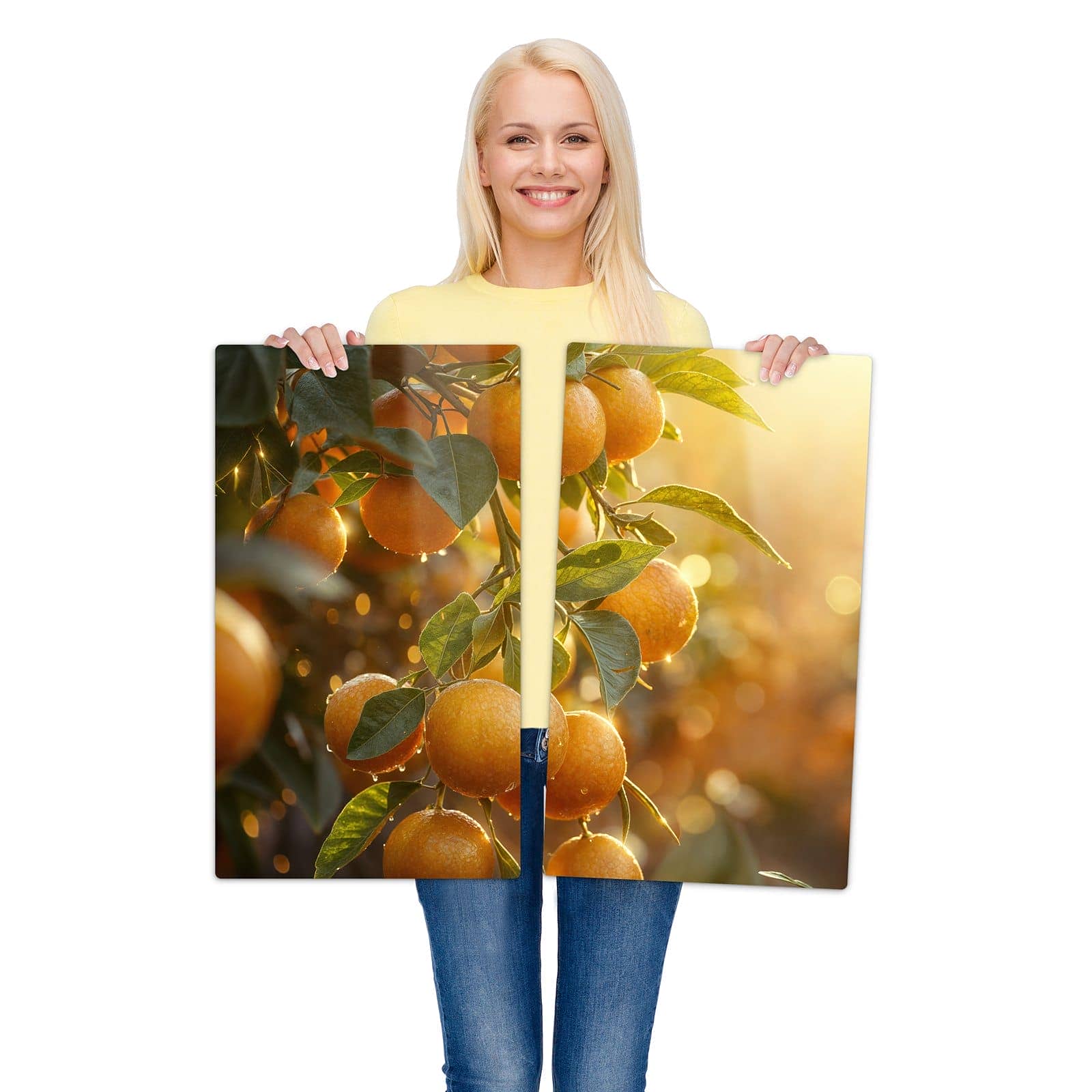 2-teilige Ceranfeld-Abdeckungen mit Sonnengeflutete Orangen-Motiv werden zur Größendarstellung gehalten