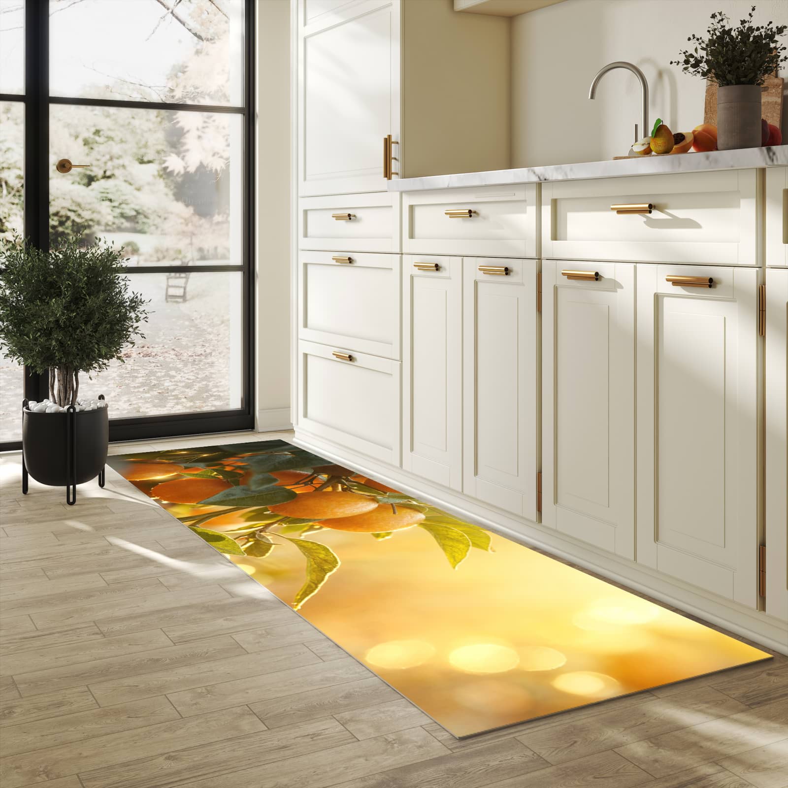 Küchenteppich mit Motiv Sonnengeflutete Orangen für Ordnung & Übersicht in heller Küche