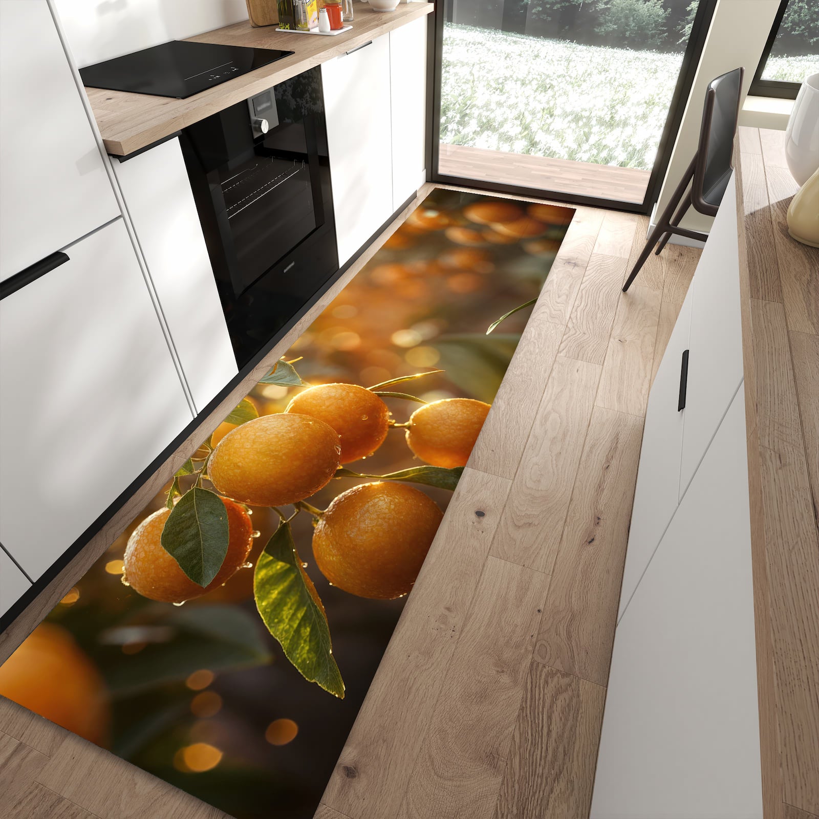 Pflegeleichter Teppich für die Küche mit Motiv Sonnengeflutete Orangen in moderner Küche