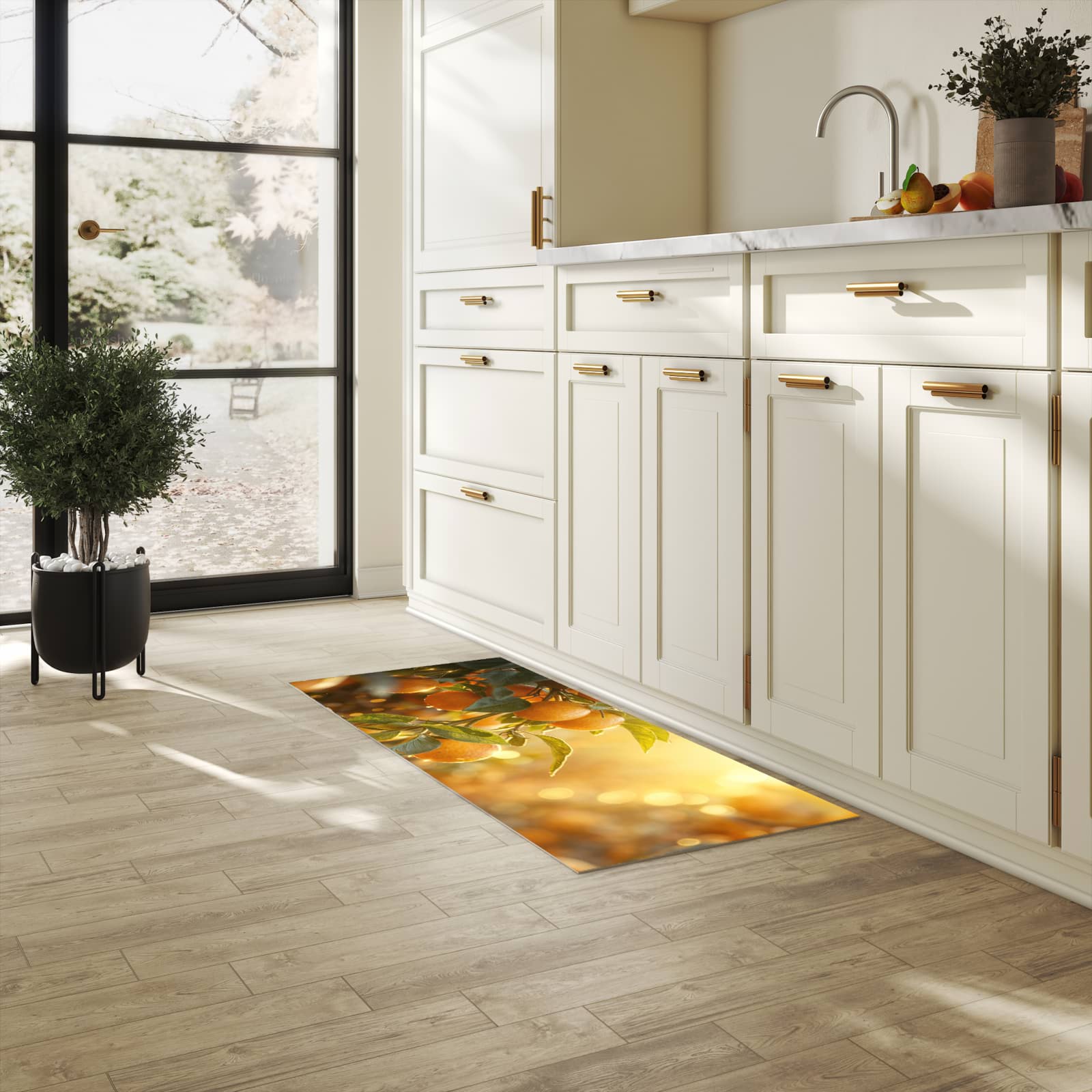 Dünner Küchenteppich mit Motiv Sonnengeflutete Orangen in heller Küche für angenehme Haptik