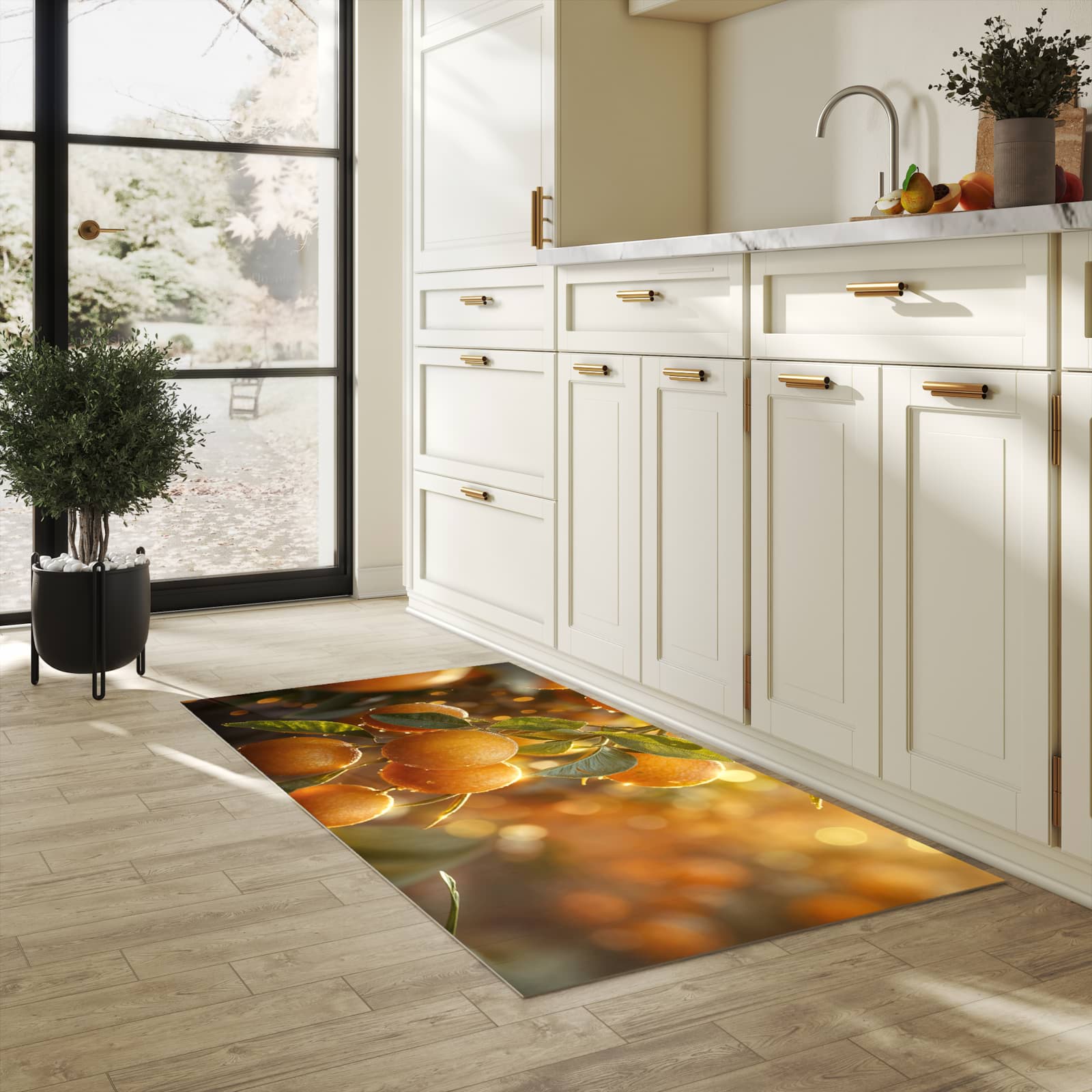 Farbbeständiger Küchenteppich mit Motiv Sonnengeflutete Orangen in heller Küche