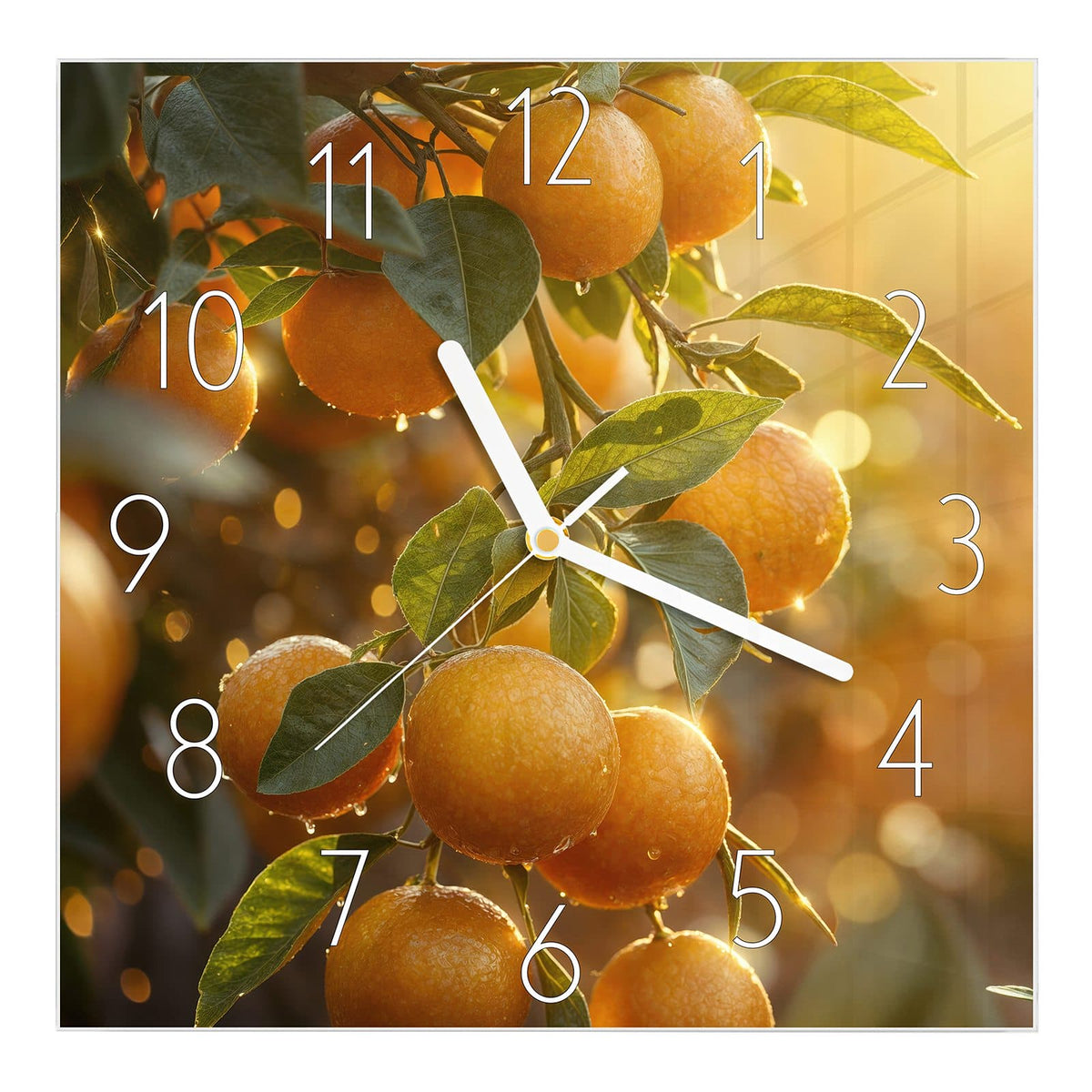 Wanduhr aus Glas, Ziffernblatt Elegant mit Motiv Sonnengeflutete Orangen: Orangen mit Wassertropfen am Zweig, warmes Gegenlicht zwischen den Blättern #ziffernblatt_Elegant