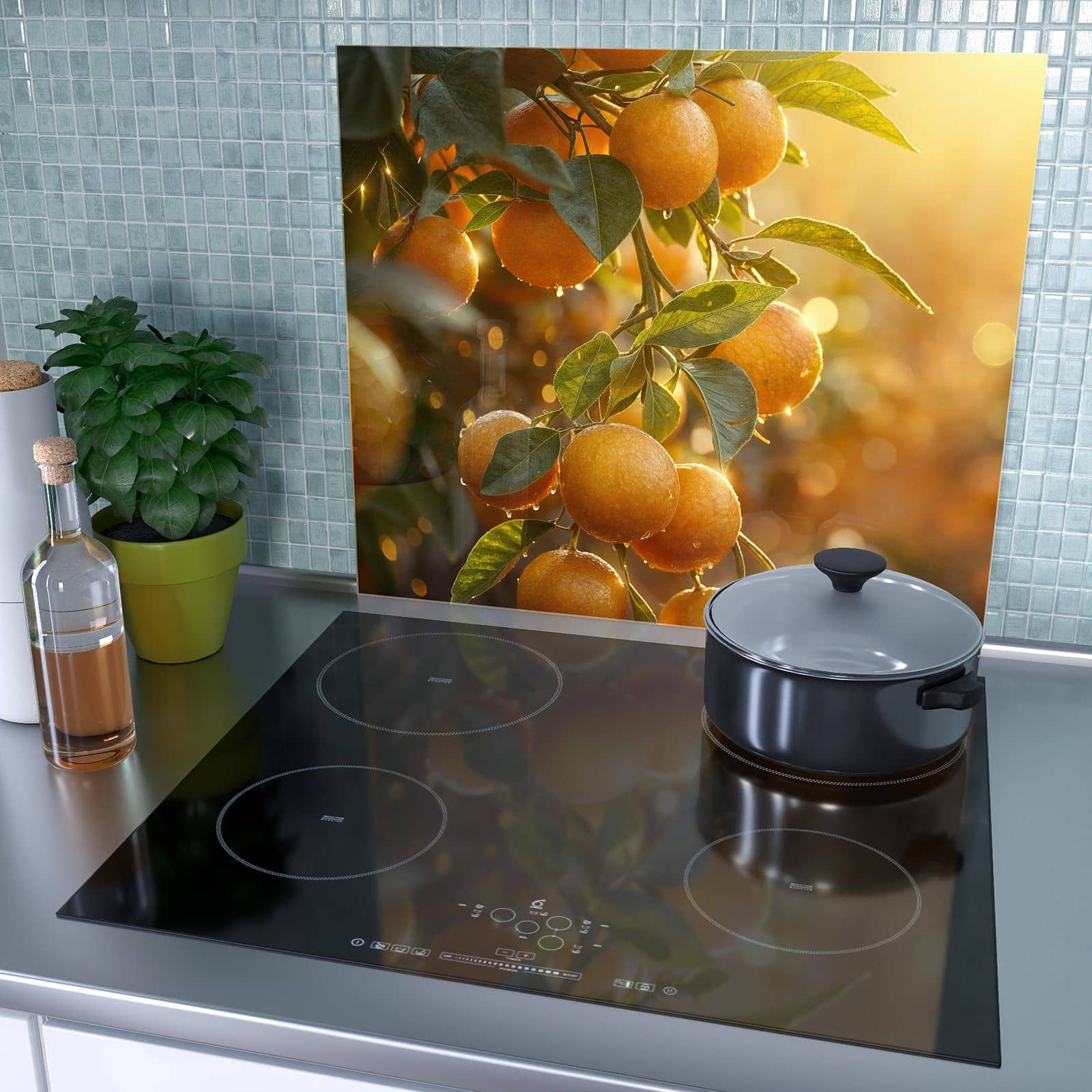 1-teilige Ceranfeld Abdeckplatten mit Sonnengeflutete Orangen-Motiv als Spritzschutz hinter dem Kochfeld