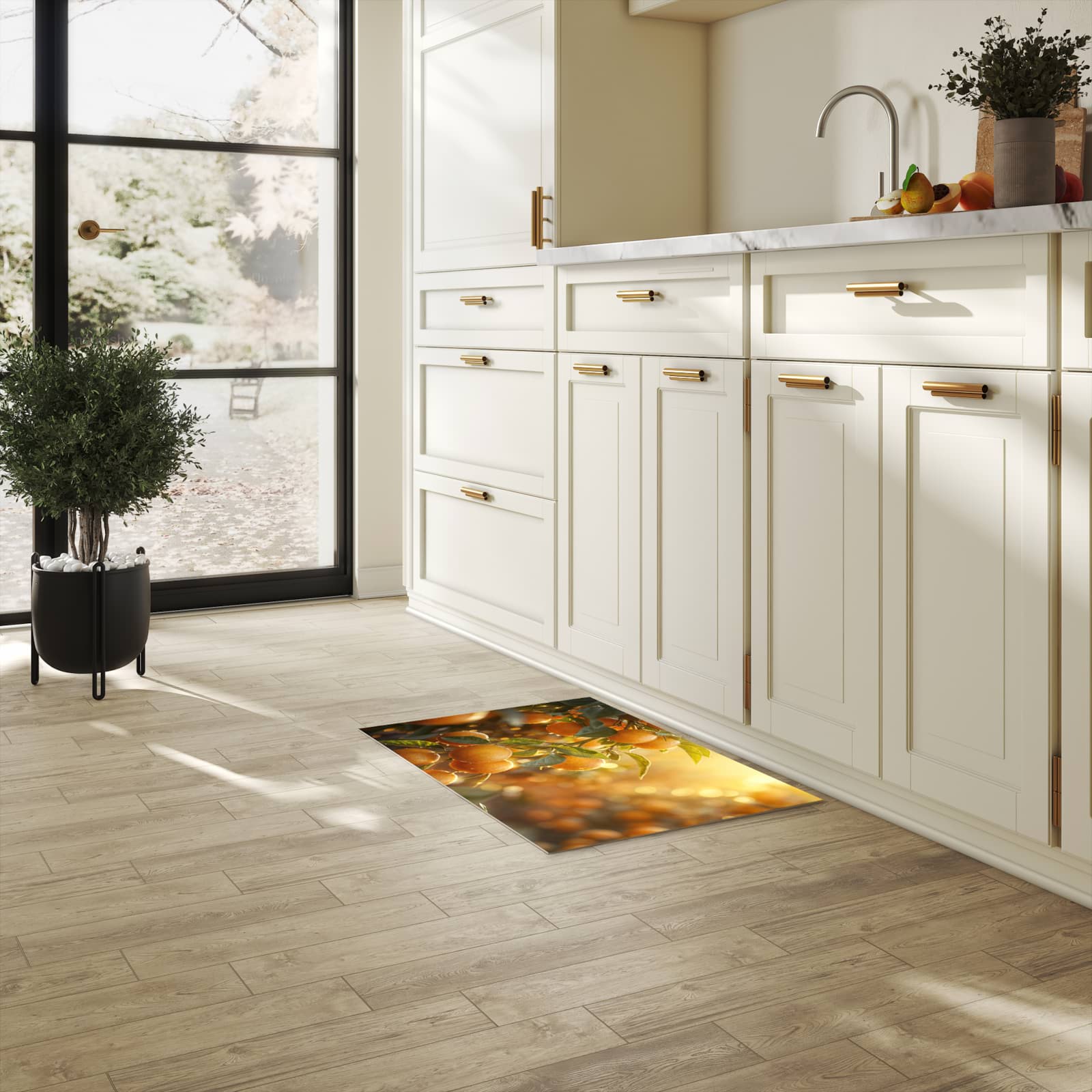 Rutschfester Küchenteppich mit Motiv Sonnengeflutete Orangen in heller Küche