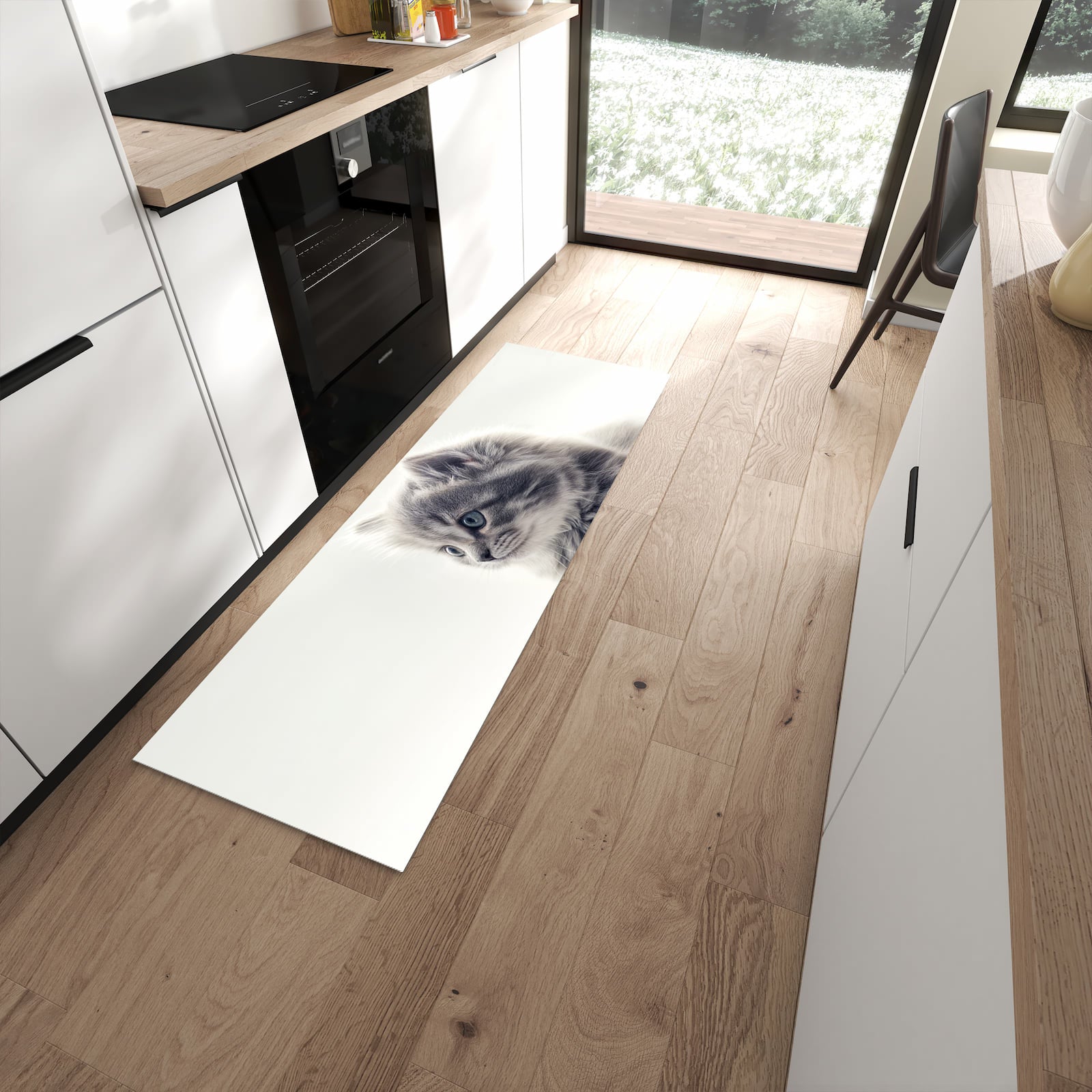 Waschbarer großer Küchenteppich mit Motiv Kitten Portrait in moderner Küche
