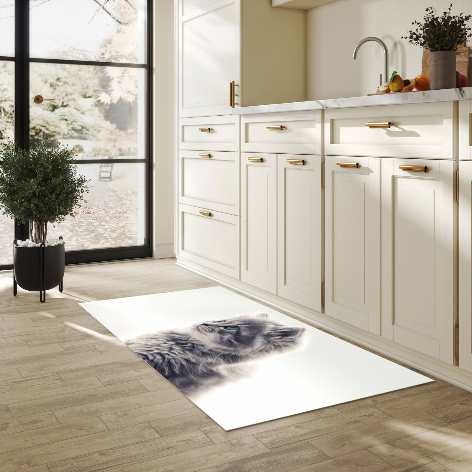 Komfortabler langer Teppich mit Motiv Kitten Portrait in heller Küche