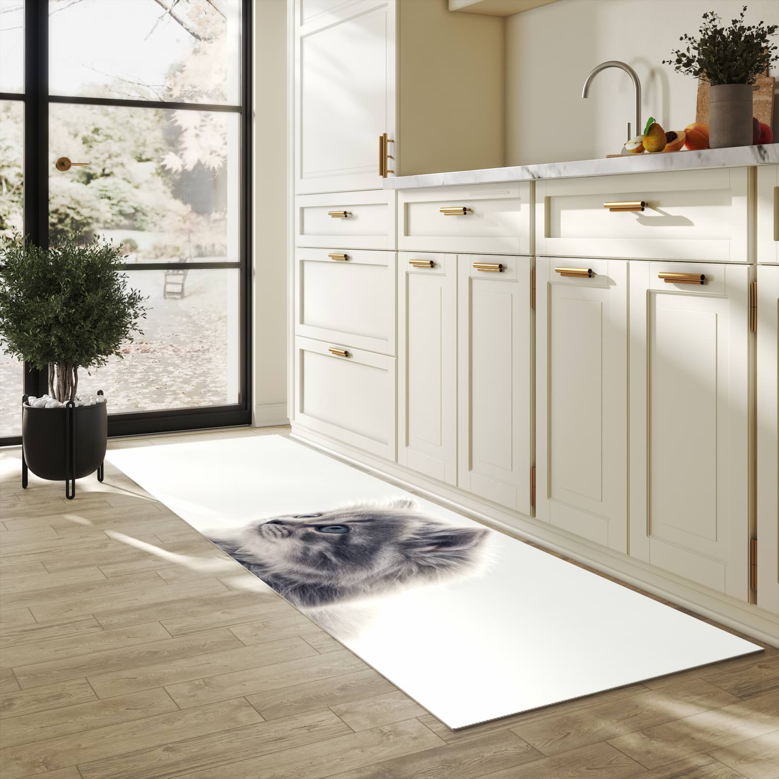 Flacher waschbarer Läufer für die Küche mit Motiv Kitten Portrait in heller Küche