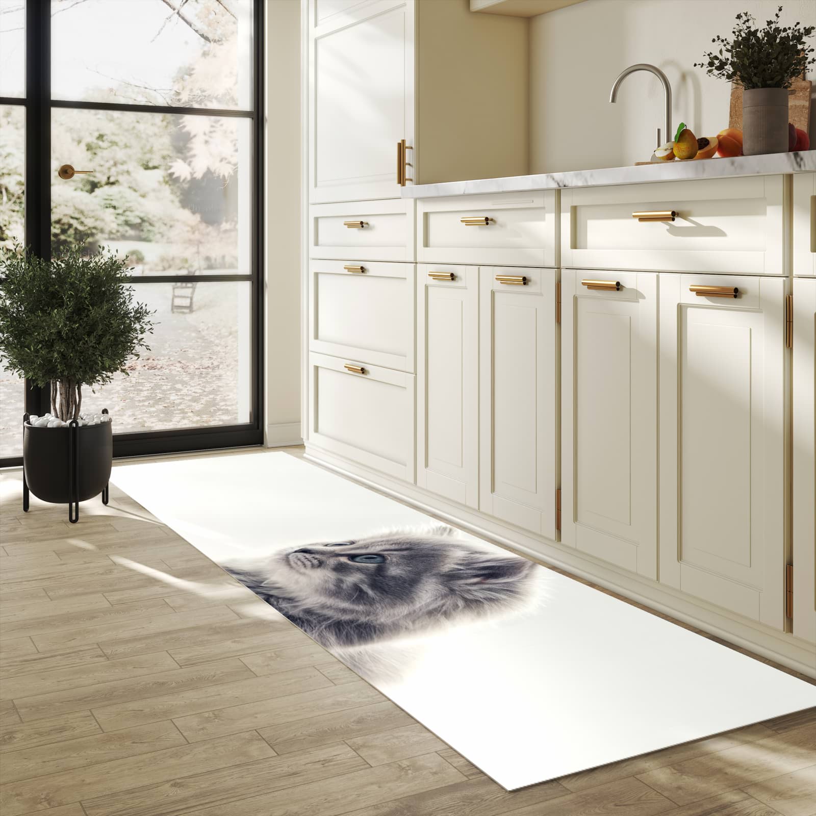 Pflegeleichter waschbarer Küchenläufer mit Motiv Kitten Portrait in heller Küche