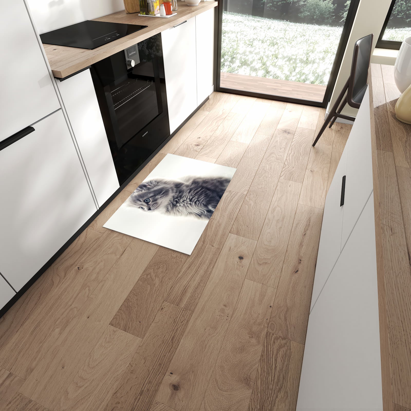 Bodenschonender Küchenläufer mit Motiv Kitten Portrait in moderner Küche