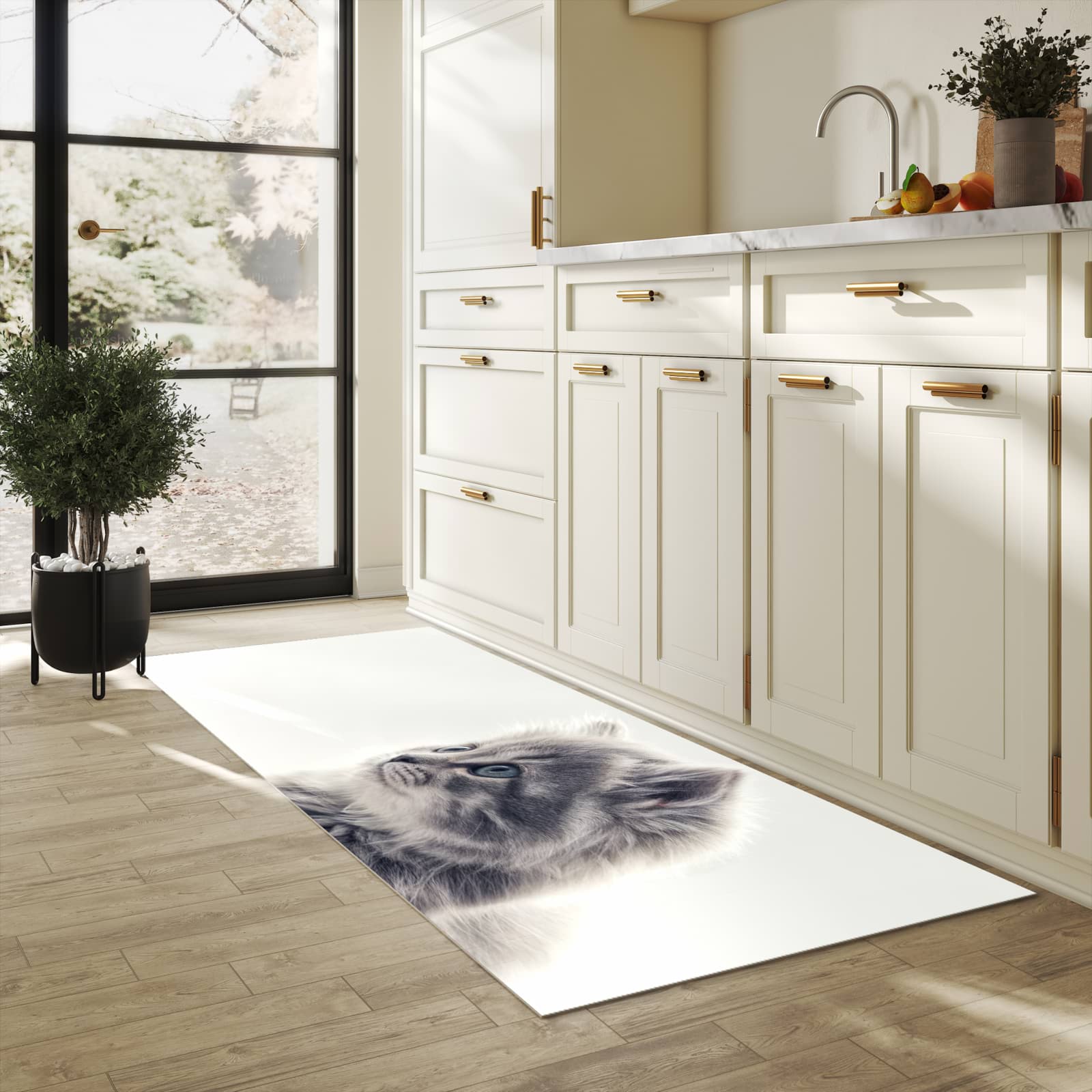 Rutschfester Läufer mit Motiv Kitten Portrait für Eingangsbereich in heller Küche