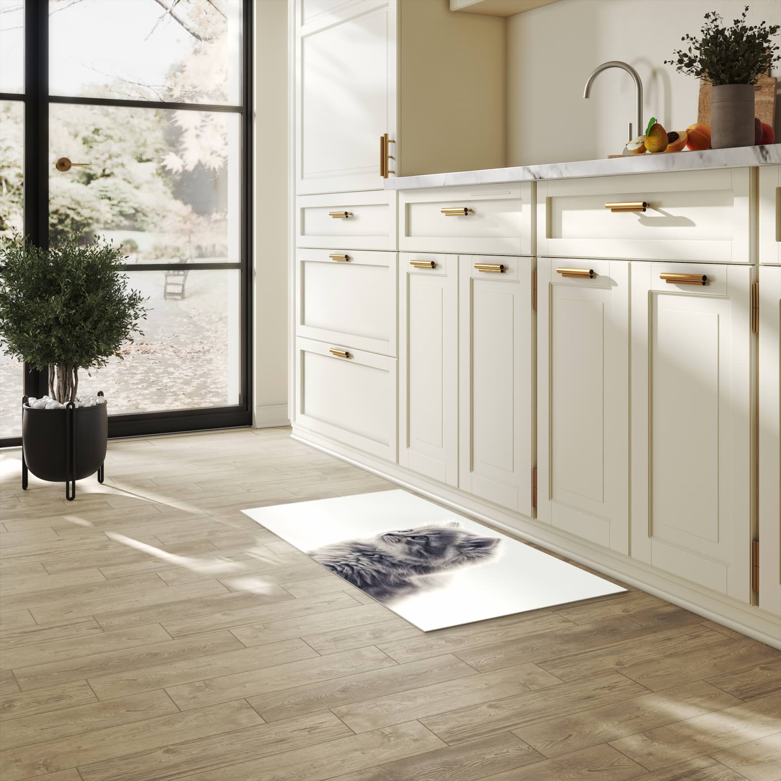 Rutschfester Küchenteppich mit Motiv Kitten Portrait in heller Küche