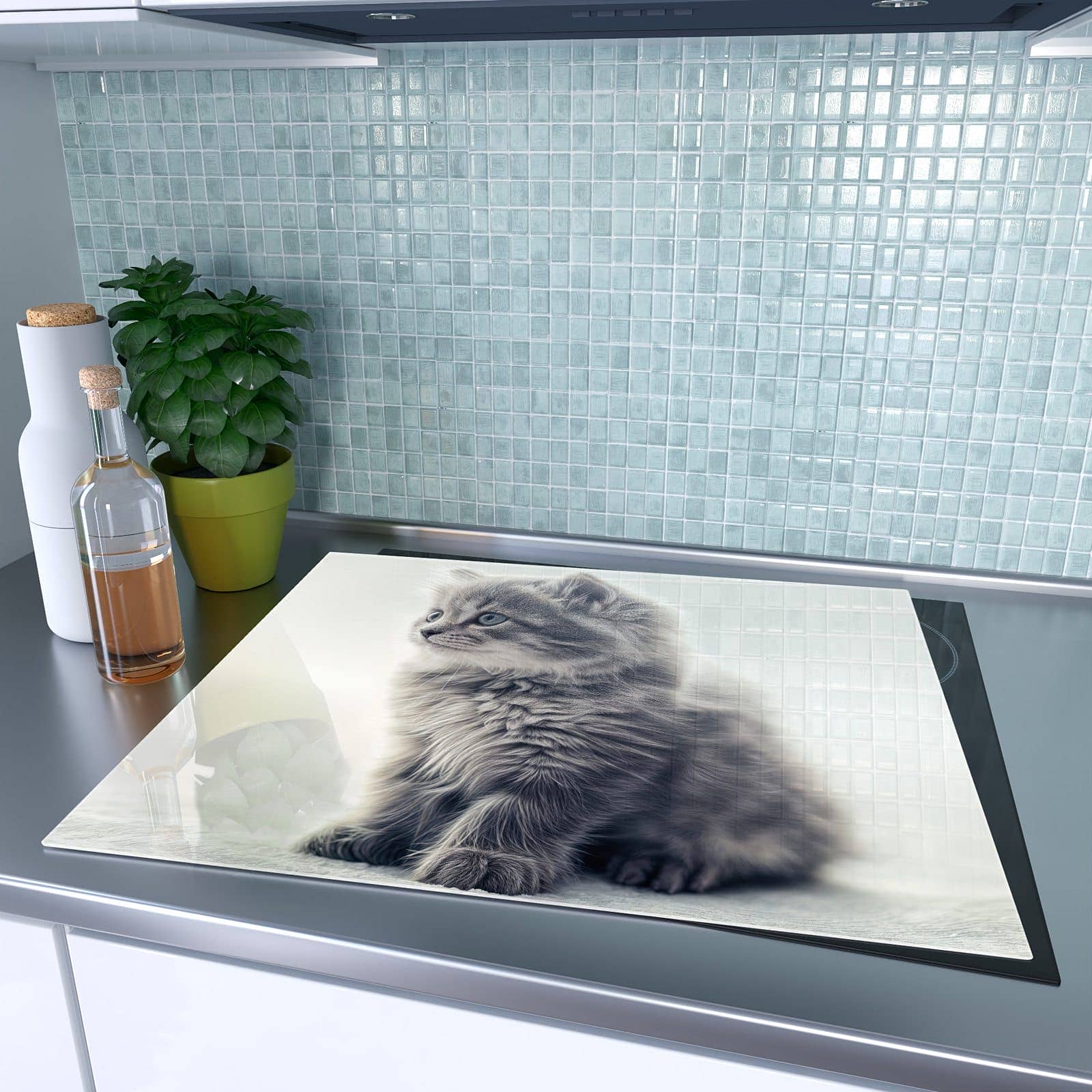 1-teilige Herdabdeckplatte mit Kitten Portrait-Motiv auf dem Ceranfeld
