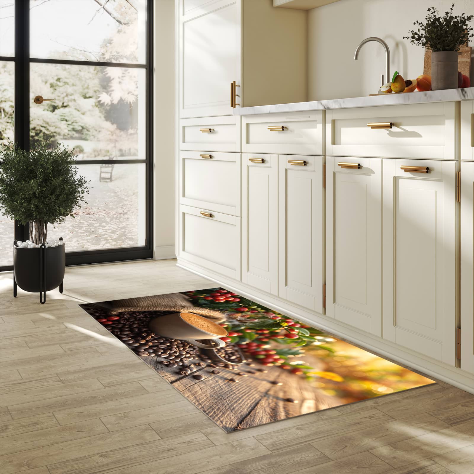 Waschbarer Küchenteppich mit Motiv Kaffeeerntemorgen in heller Küche
