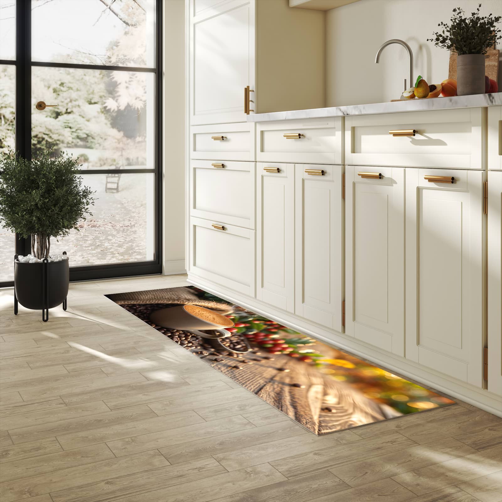 Flacher moderner Küchenläufer mit Motiv Kaffeeerntemorgen in heller Küche