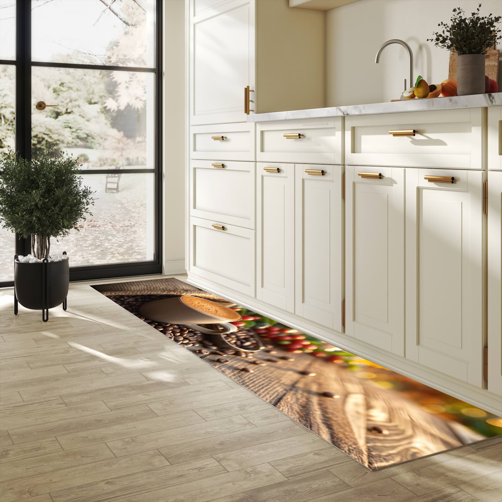 Komfortabler abwaschbarer Küchenteppich mit Motiv Kaffeeerntemorgen in heller Küche