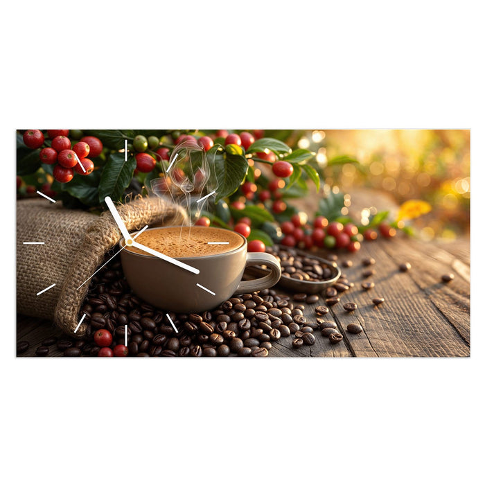 Wanduhr Kaffeeerntemorgen aus Glas – Querformat 60 × 30 cm mit Ziffernblatt Linie