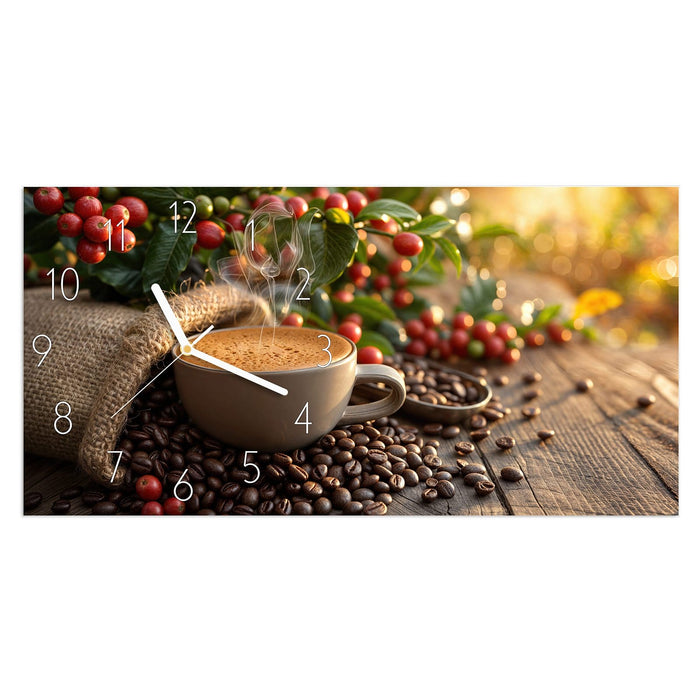 Wanduhr Kaffeeerntemorgen aus Glas – Querformat 60 × 30 cm mit Ziffernblatt Elegant