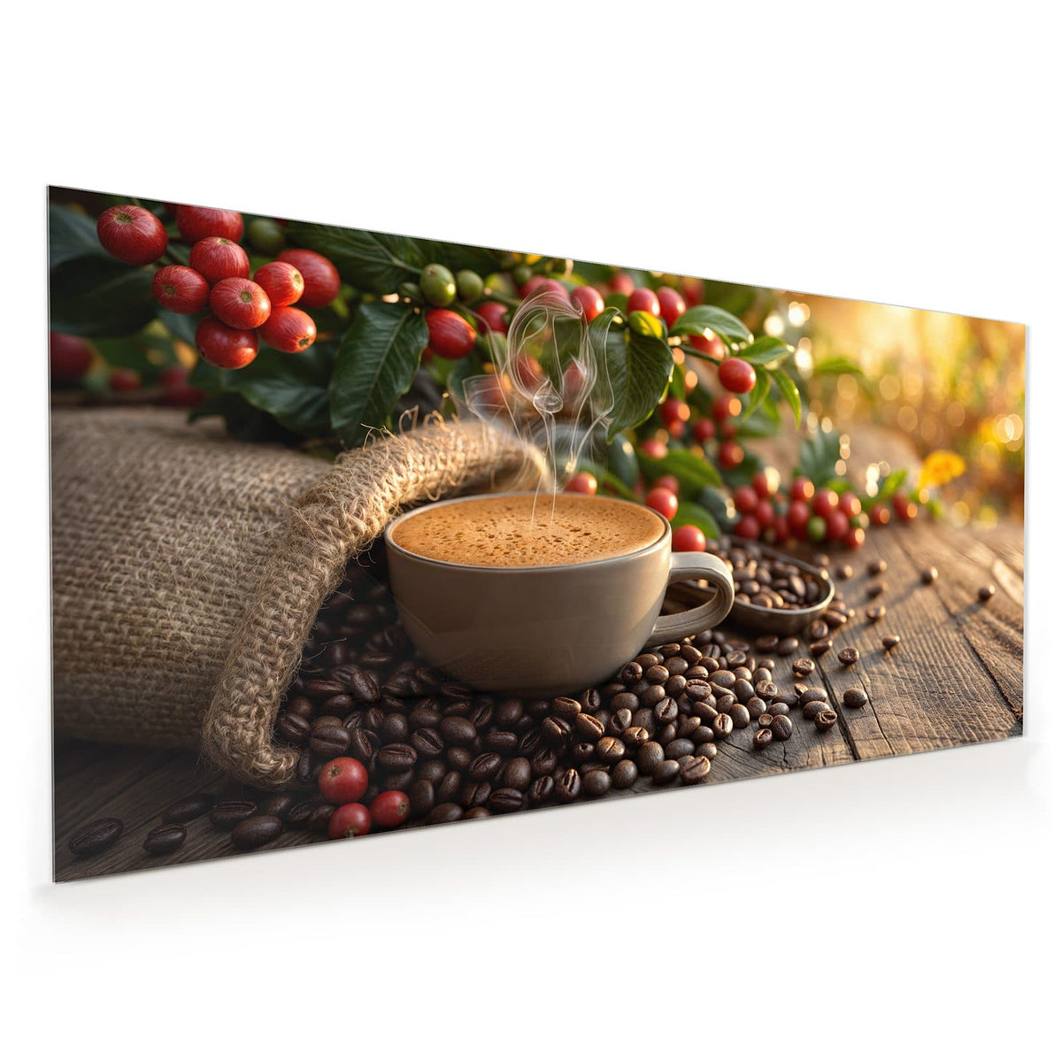 Küchenrückwand aus Glas im Hochformat: Dampfende Tasse Cappuccino vor Zweigen mit roten Kaffeekirschen, Jutesack und Bohnenhaufen
