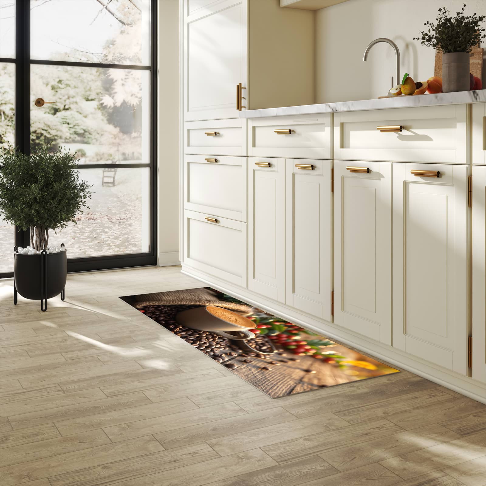 Langlebiger, waschbarer Küchenläufer mit Motiv Kaffeeerntemorgen in heller Küche