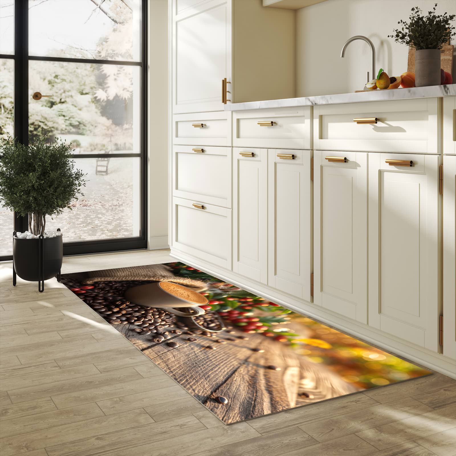 Langlebiger Küchenteppich mit Motiv Kaffeeerntemorgen in heller Küche