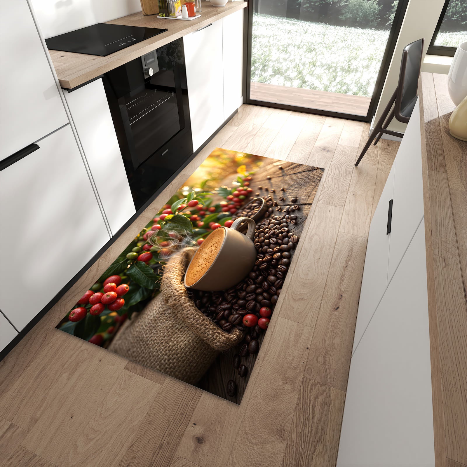 Rutschfester Küchenteppich mit Motiv Kaffeeerntemorgen in moderner Küche - leicht zu reinigen
