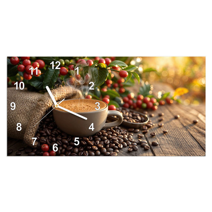 Wanduhr Kaffeeerntemorgen aus Glas – Querformat 60 × 30 cm mit Ziffernblatt Modern