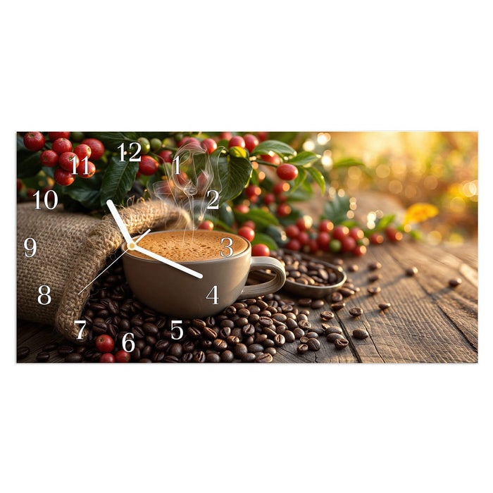 Wanduhr Kaffeeerntemorgen aus Glas – Querformat 60 × 30 cm mit Ziffernblatt Klassisch