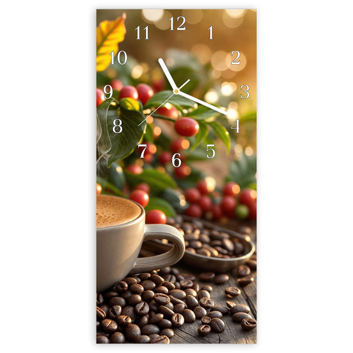 Wanduhr Kaffeeerntemorgen aus Glas – Hochformat 30 × 60 cm mit Ziffernblatt Klassisch