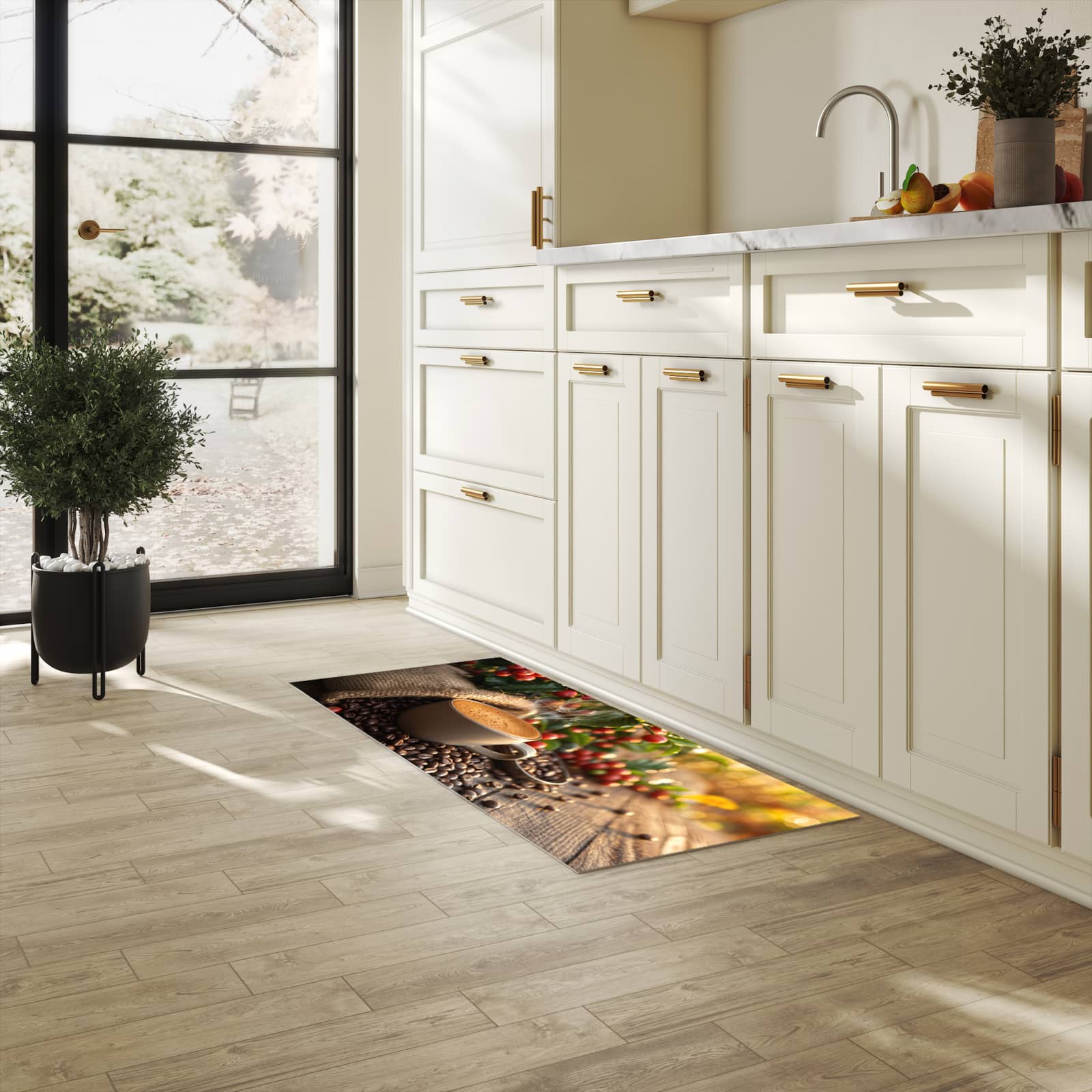 Geruchsneutraler Küchenläufer nach Maß mit Motiv Kaffeeerntemorgen in heller Küche