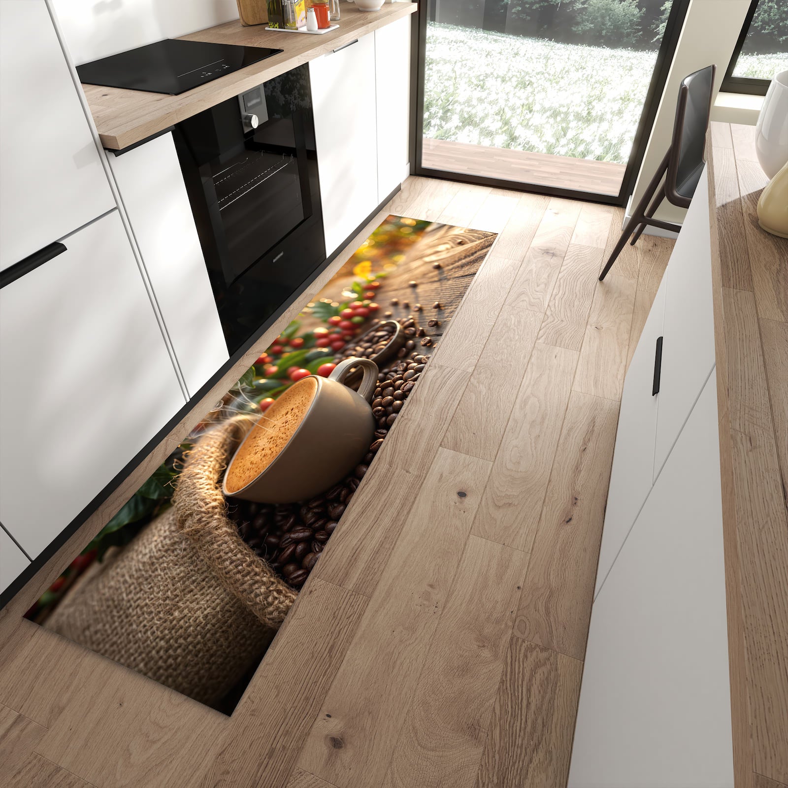 Fleckenresistenter waschbarer Teppich mit Motiv Kaffeeerntemorgen in moderner Küche