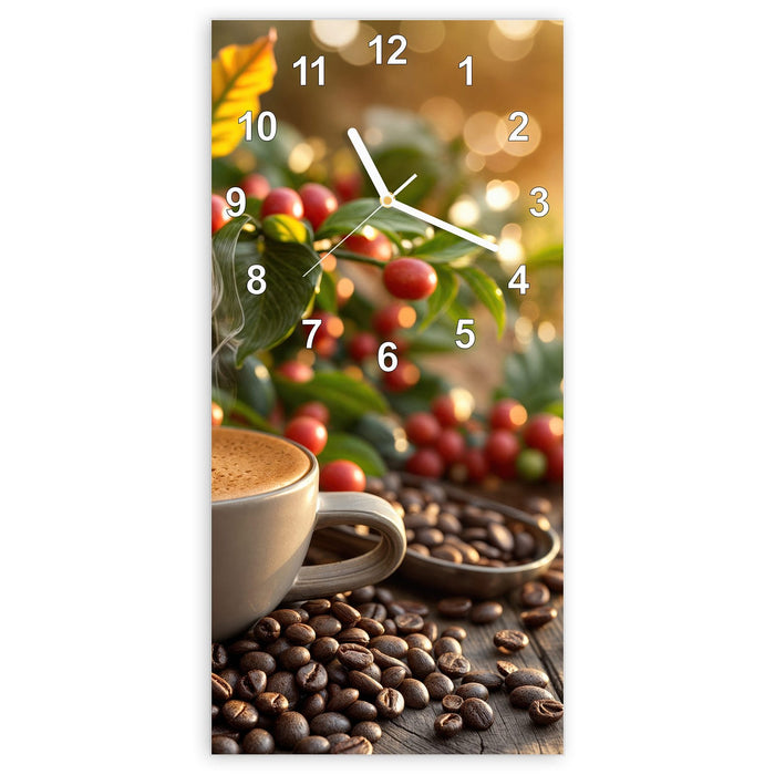 Wanduhr Kaffeeerntemorgen aus Glas – Hochformat 30 × 60 cm mit Ziffernblatt Modern