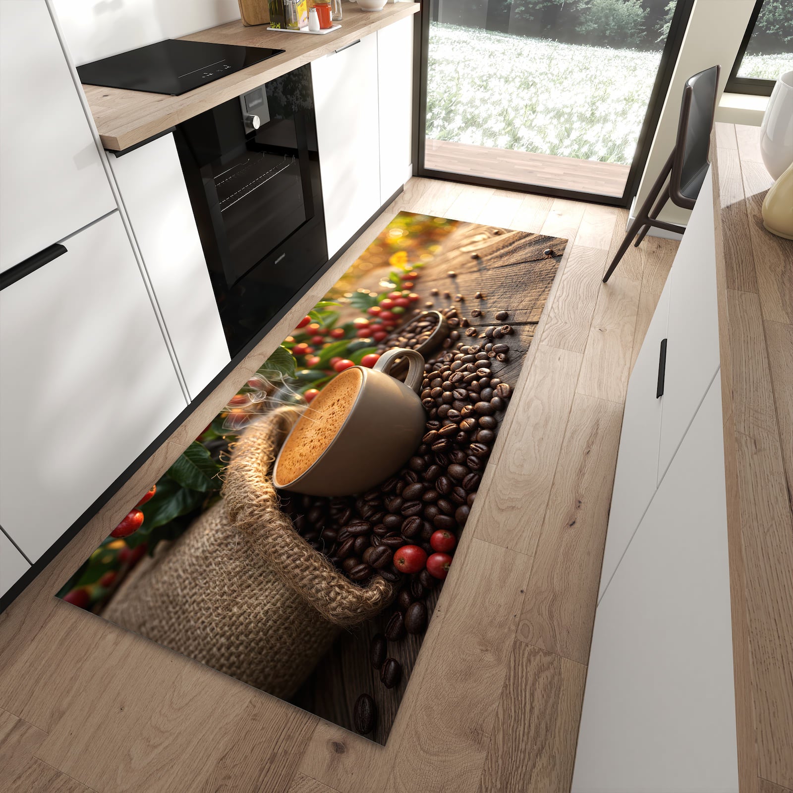 Küchenteppich mit Motiv Kaffeeerntemorgen für angenehme Haptik in moderner Küche