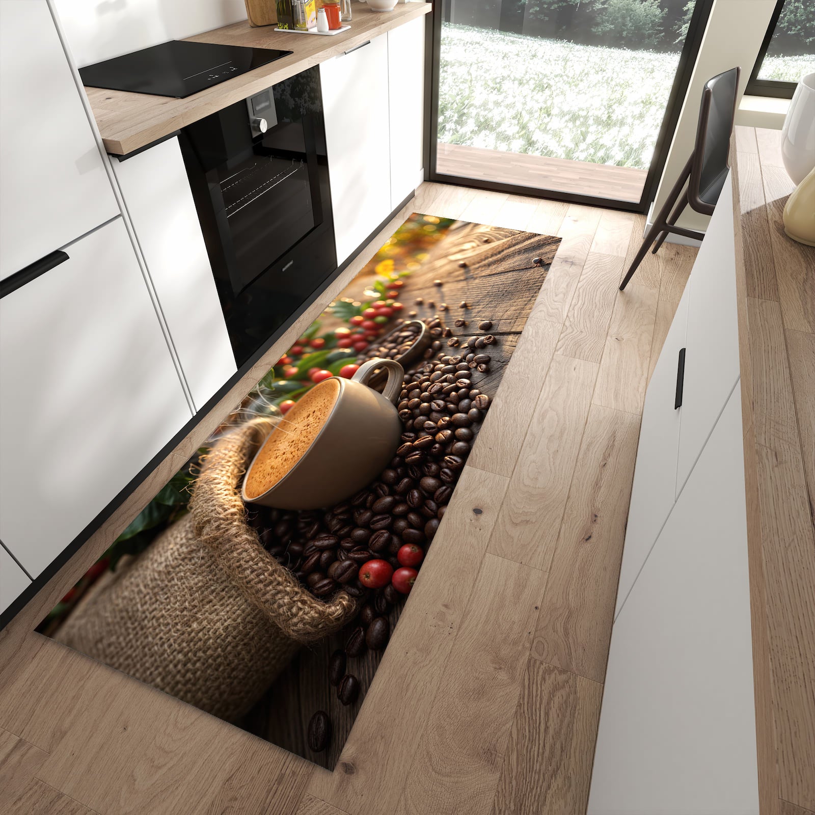 Pflegeleichter Küchenteppich mit Motiv Kaffeeerntemorgen in moderner Küche