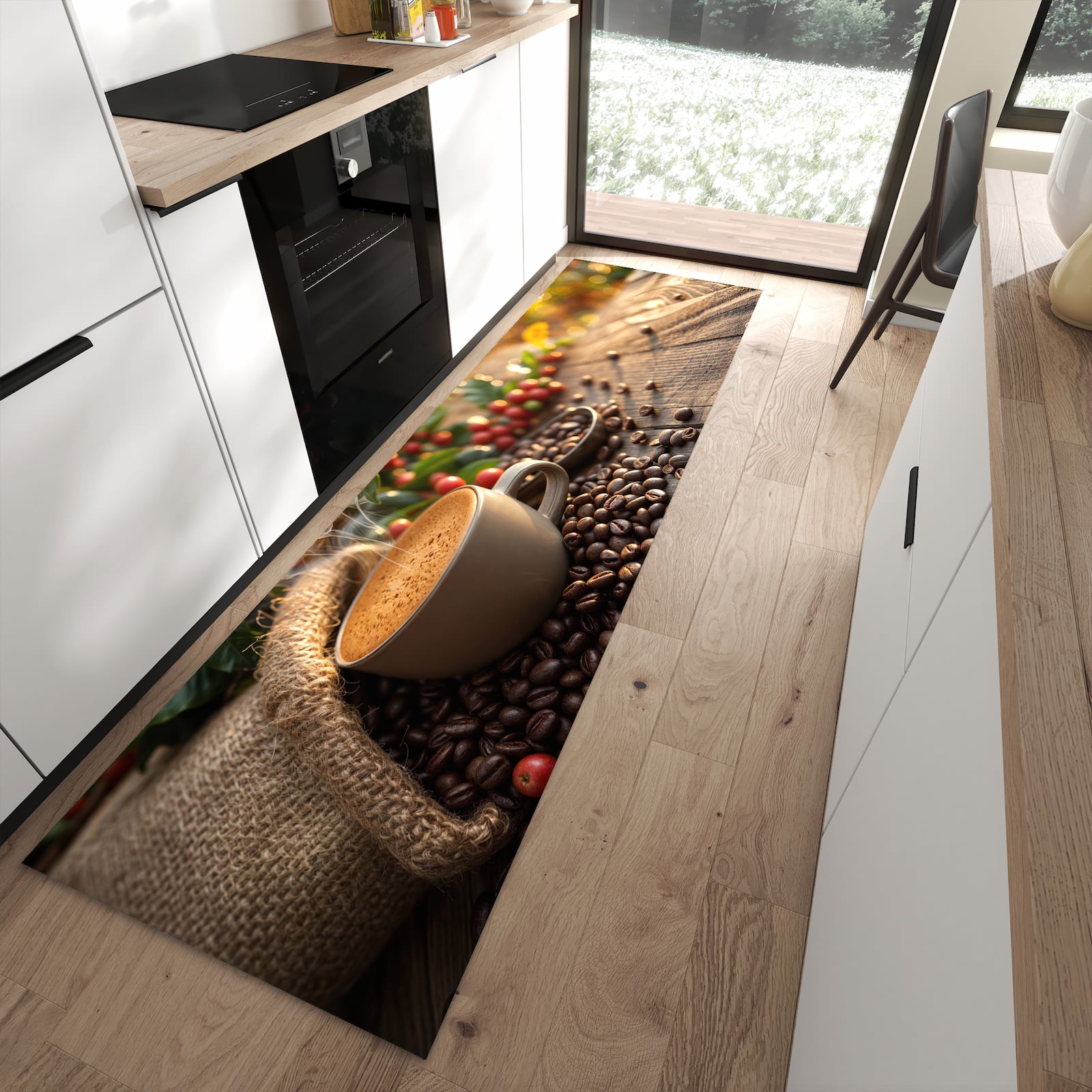 Komfortabler waschbarer Küchenteppich mit Motiv Kaffeeerntemorgen in moderner Küche