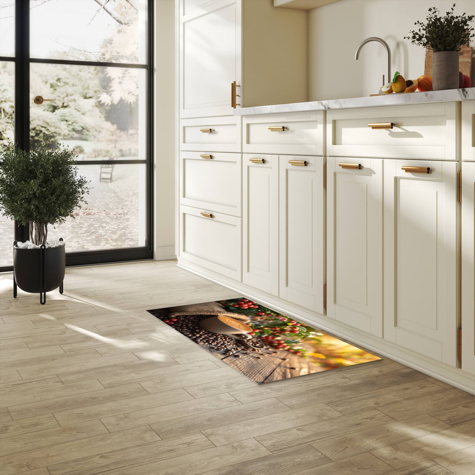 Schmutzabweisender moderner Küchenläufer mit Motiv Kaffeeerntemorgen in heller Küche