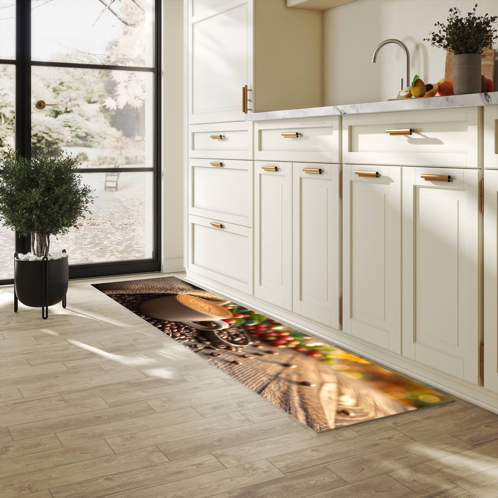 Pflegeleichter Küchenläufer mit Motiv Kaffeeerntemorgen in heller Küche