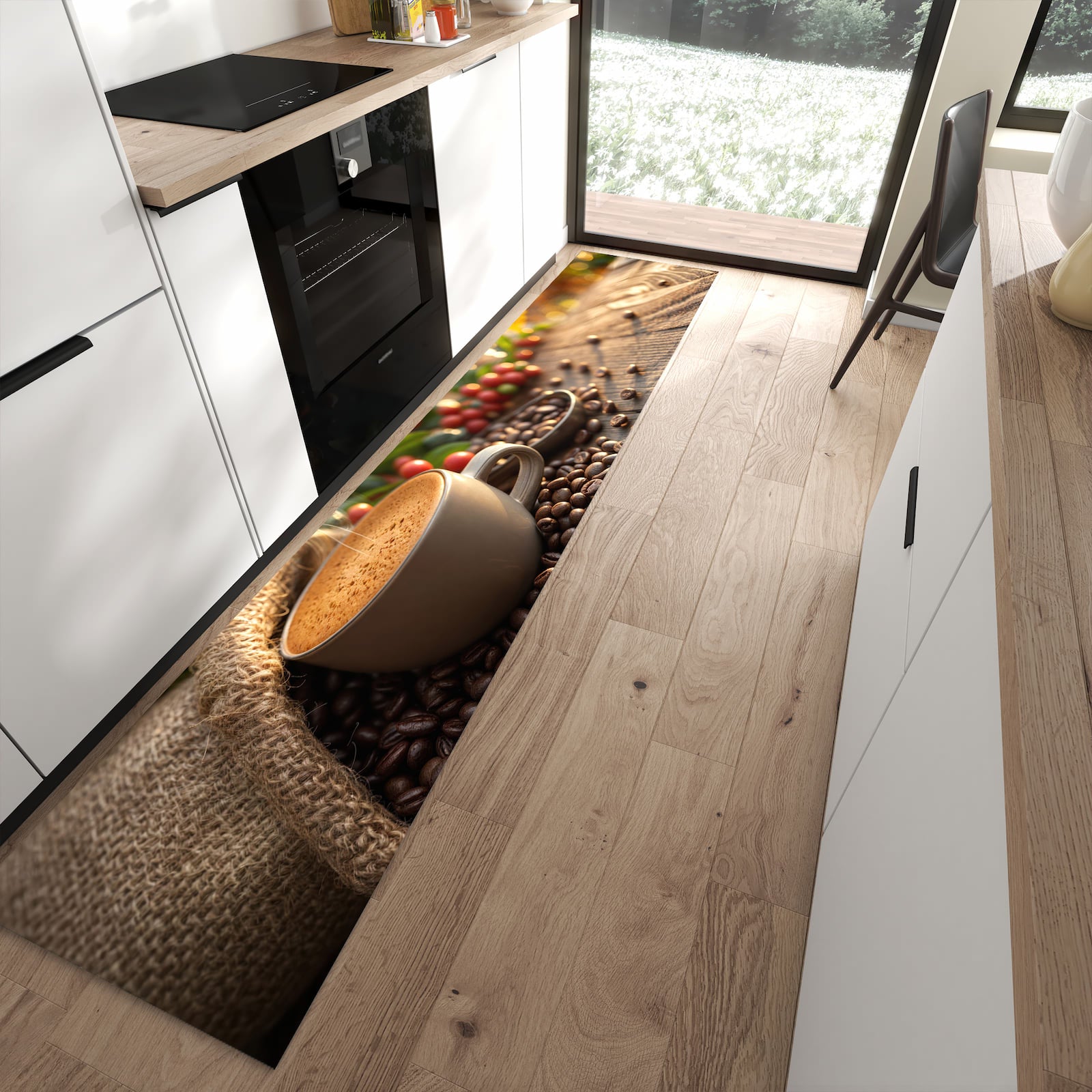 Geruchsneutraler rutschfester Küchenteppich mit Motiv Kaffeeerntemorgen in moderner Küche