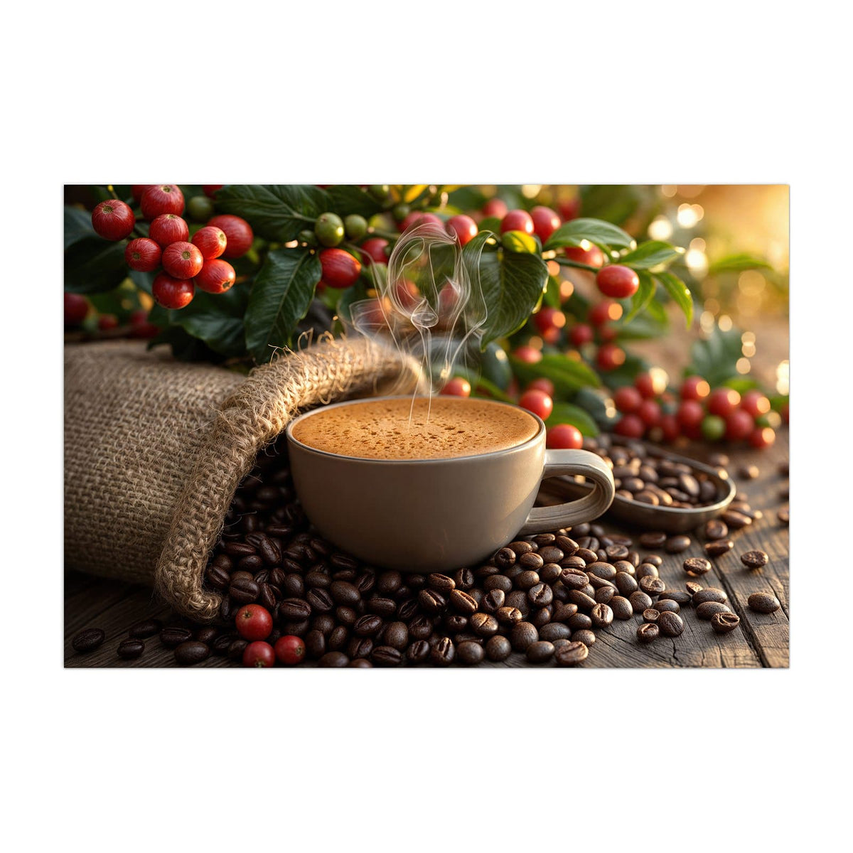 Küchenrückwand aus Glas Tasse mit Kaffeekirschen im Hochformat, Motiv bildfüllend von vorn