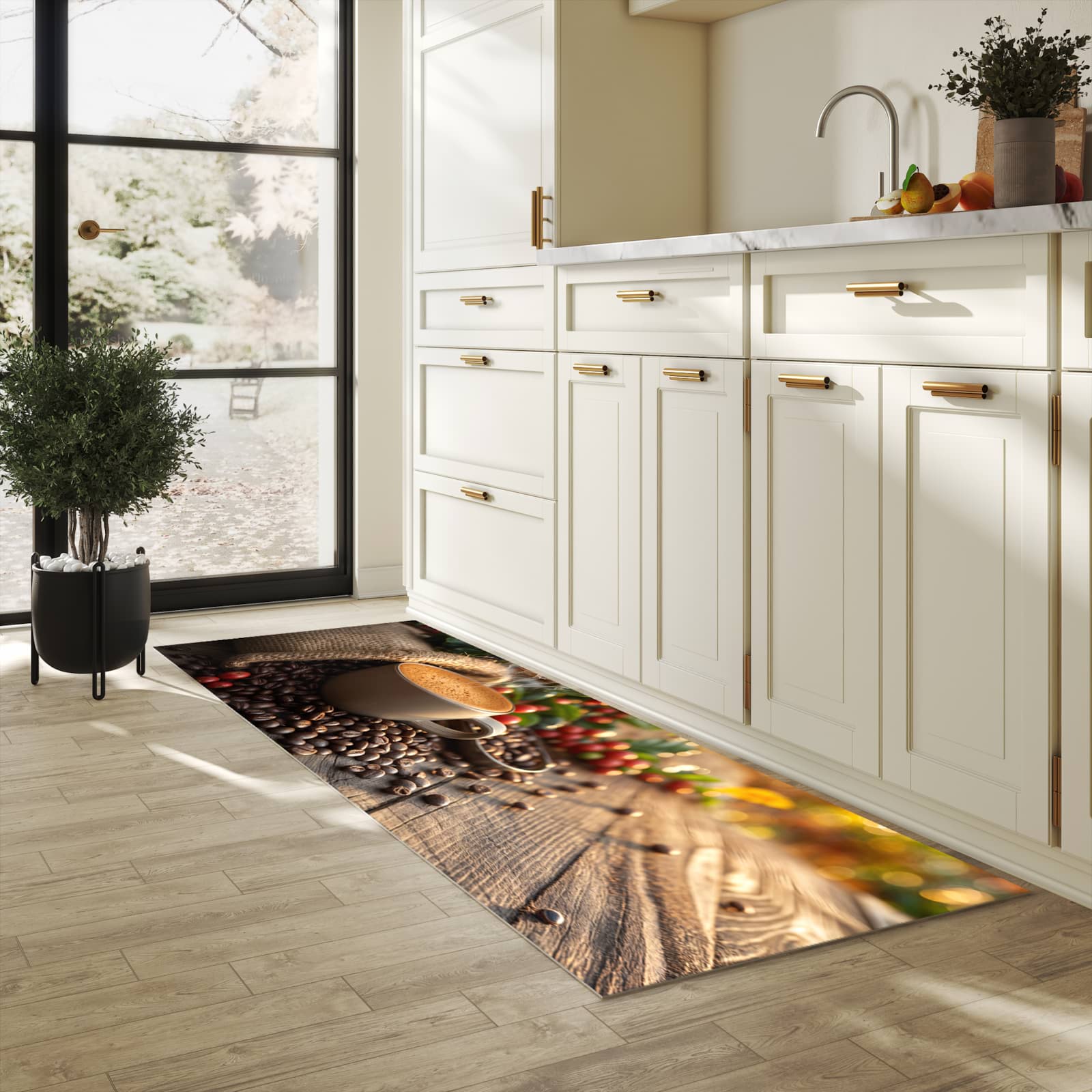 Küchenteppich mit Motiv Kaffeeerntemorgen für angenehme Haptik in heller Küche