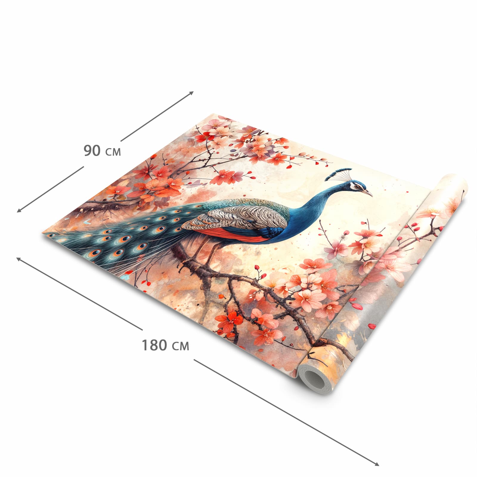 Fleckenresistenter waschbarer Küchenteppich mit Motiv Pfau und Blüten in der Grösse 60x300 cm