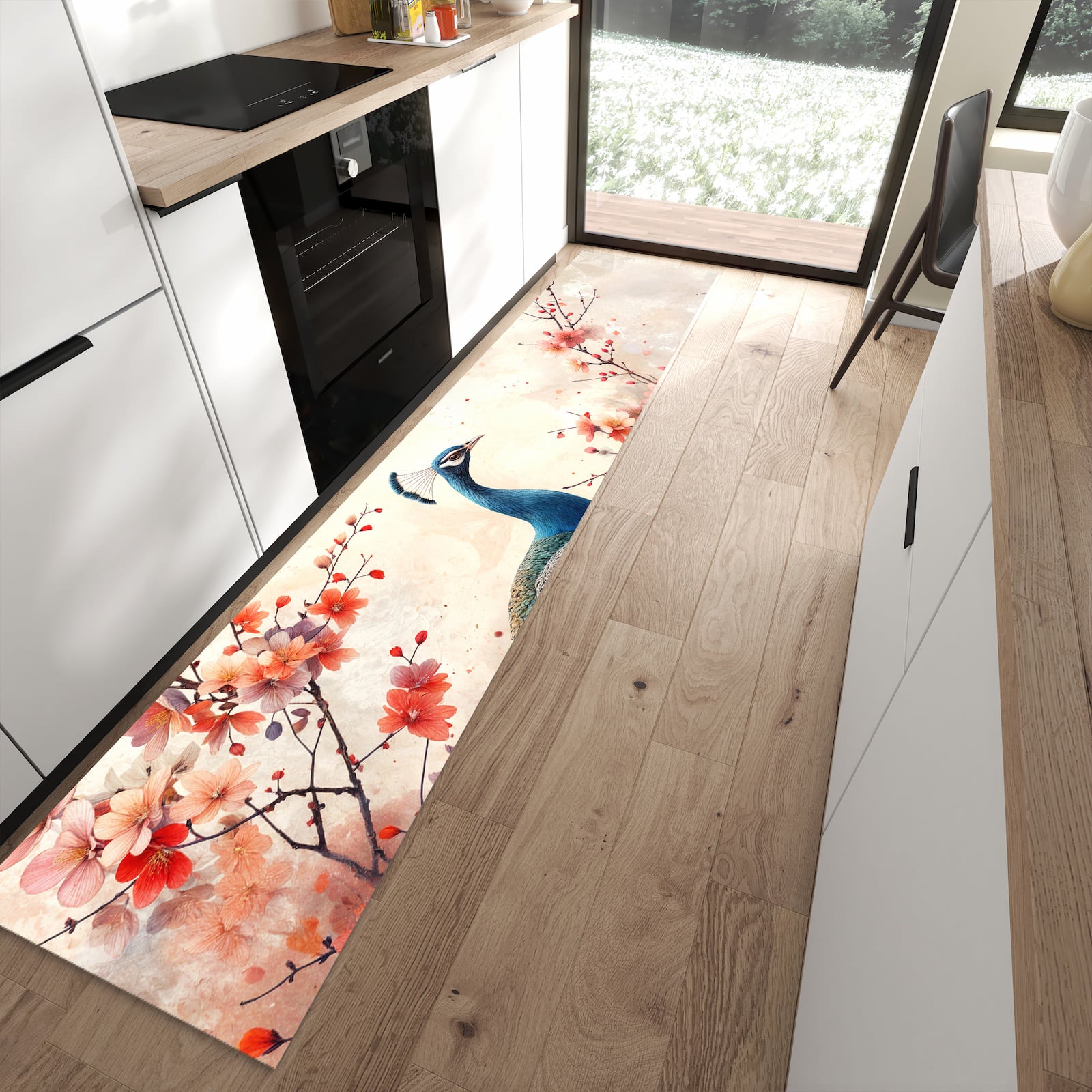 Ordnungsschaffender Küchenläufer mit Motiv Pfau und Blüten in moderner Küche