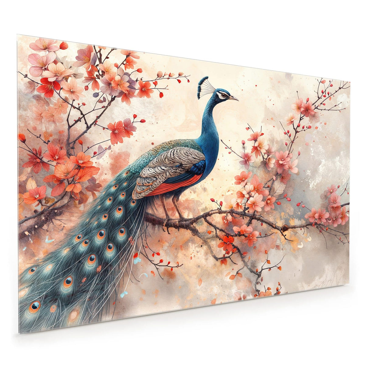 Küchenrückwand aus Glas im Hochformat mit Motiv Pfau auf Kirschzweig: Aquarellierter Pfau mit langer Schleppe auf einem Ast mit korallenroten Blüten.
